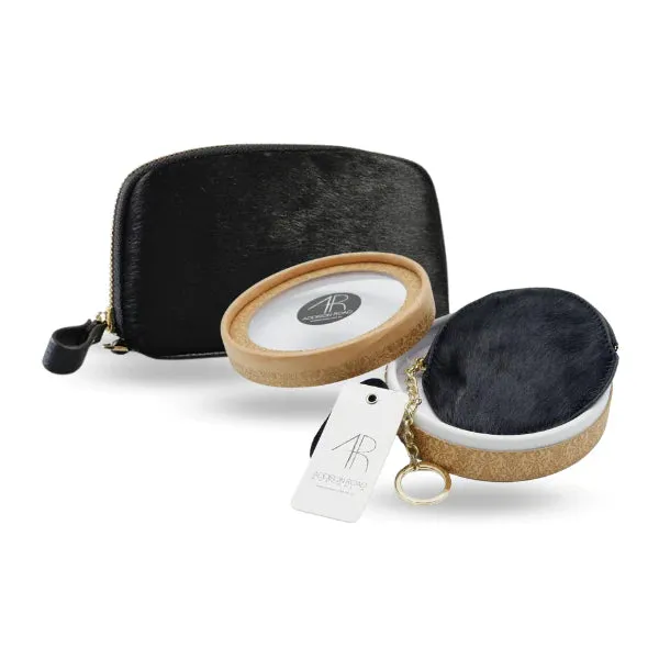 Gift Set | CARMICHAEL Black Cowhide Leather Wristlet Purse & LORN Calf Hair Key Ring Coin Purse