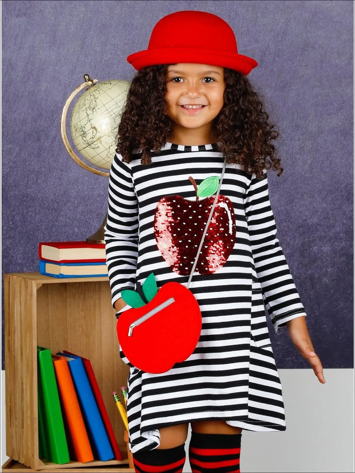 Girls Striped Sequin Apple Applique Dress with Matching Socks And Apple Cross Body Purse