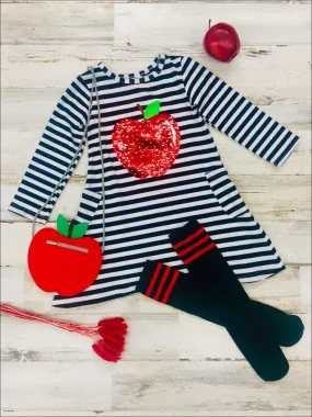 Girls Striped Sequin Apple Applique Dress with Matching Socks And Apple Cross Body Purse