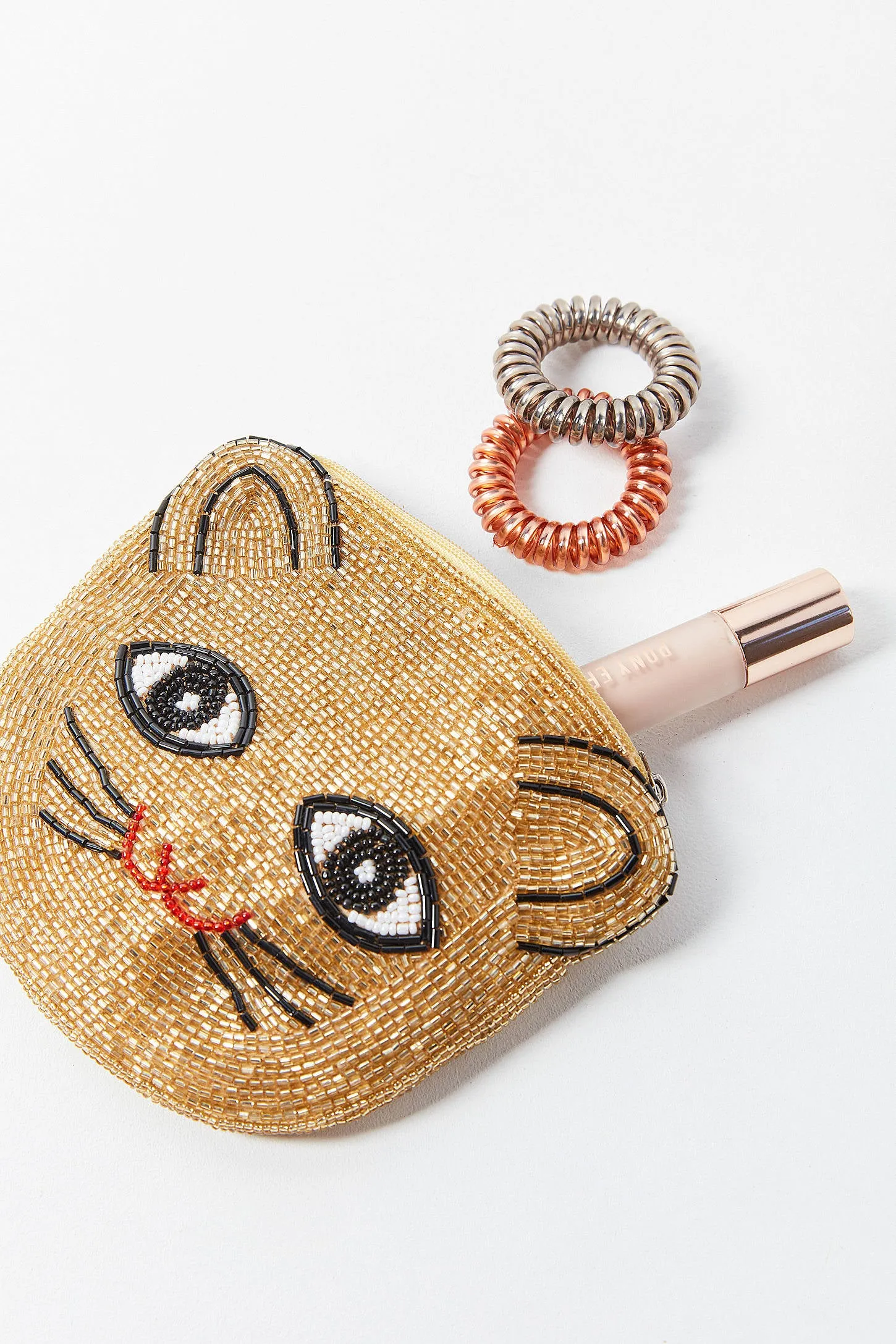 Gold Hand Beaded Cat Face Pouch