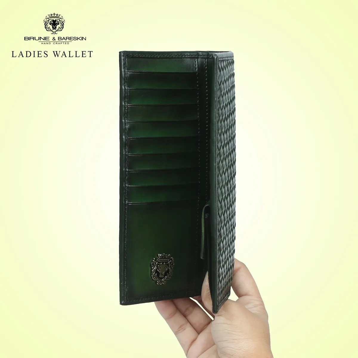 Green Hand Weave Leather Clutch/Wallet For Women By Brune & Bareskin