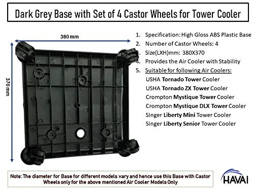 HAVAI Cooler Base/Stand/Trolley Dark Grey with 4 Castor Wheels Suitable for USHA Tornado/Tornado ZX, Crompton Mystique/Mystique DLX and Singer Liberty Mini/Senior Tower Cooler