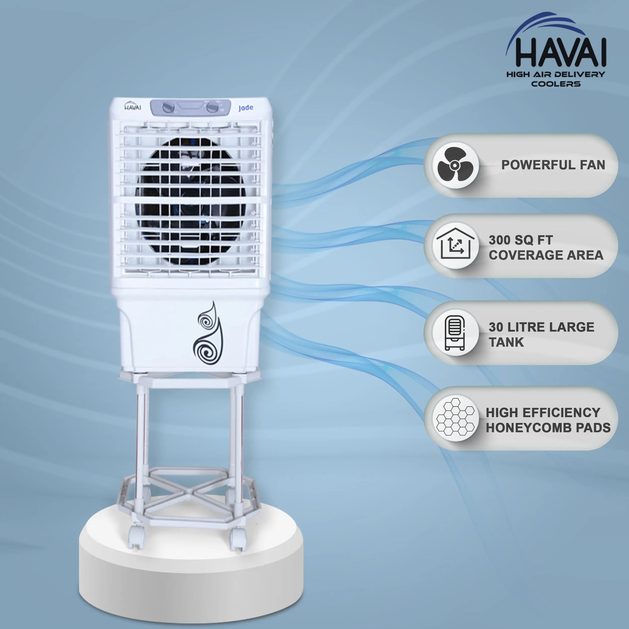 HAVAI Jade Window Cooler with Trolley Included - 30 L, 12 Inch Blade,White