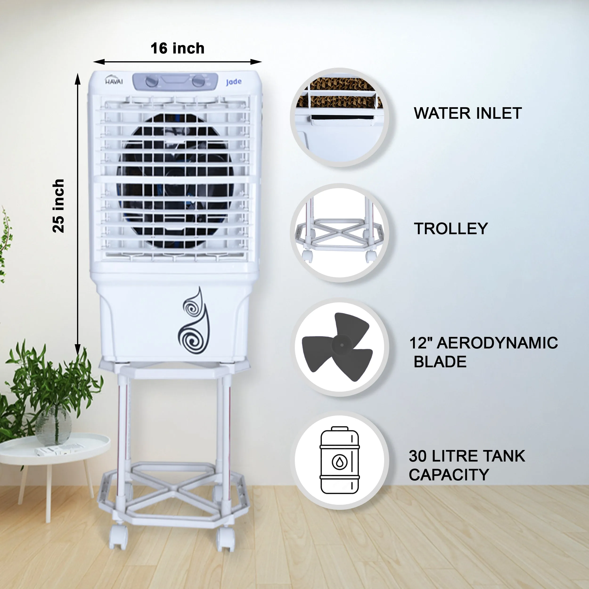 HAVAI Jade Window Cooler with Trolley Included - 30 L, 12 Inch Blade,White