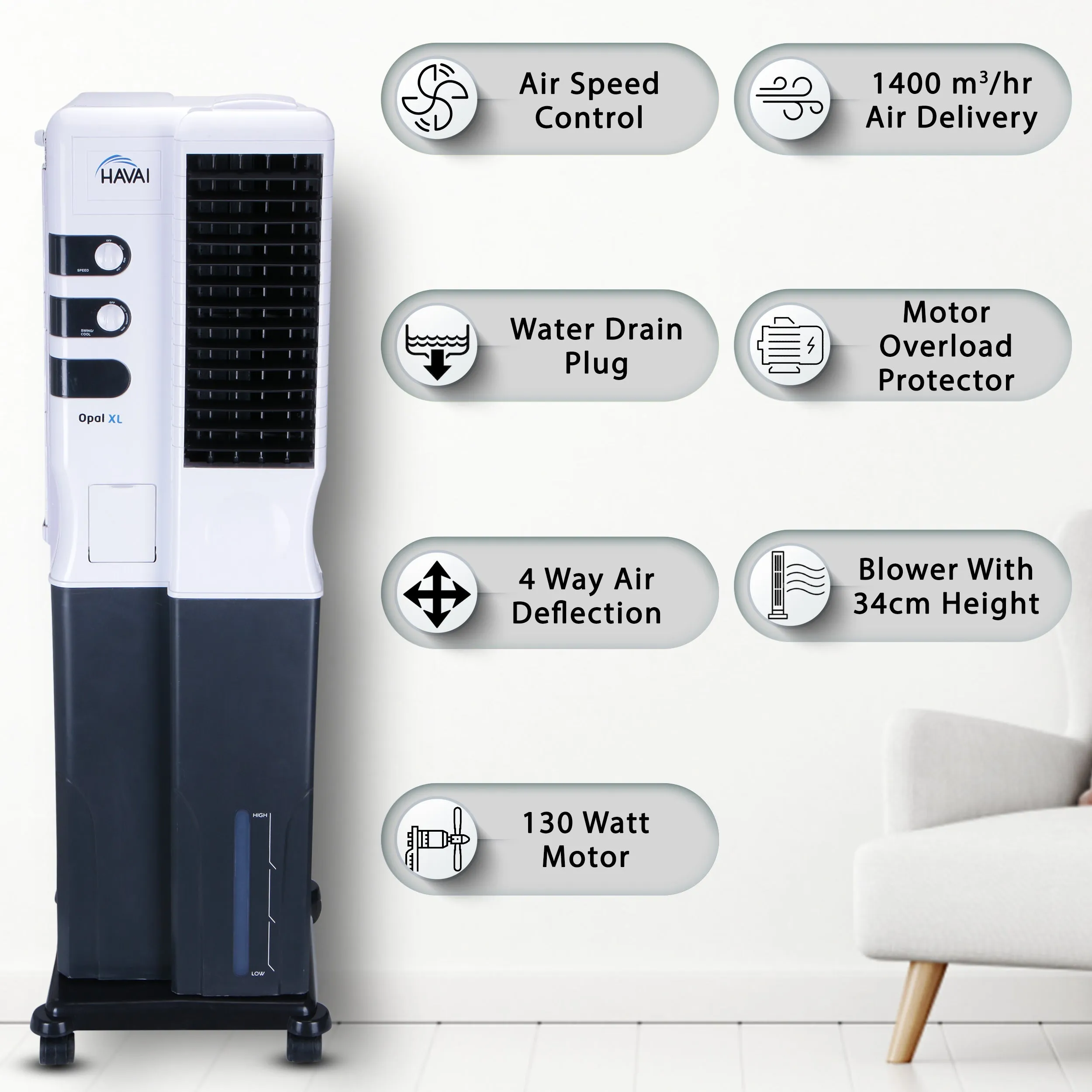 HAVAI Opal XL Tower Air Cooler - 34L, White and Dark Grey