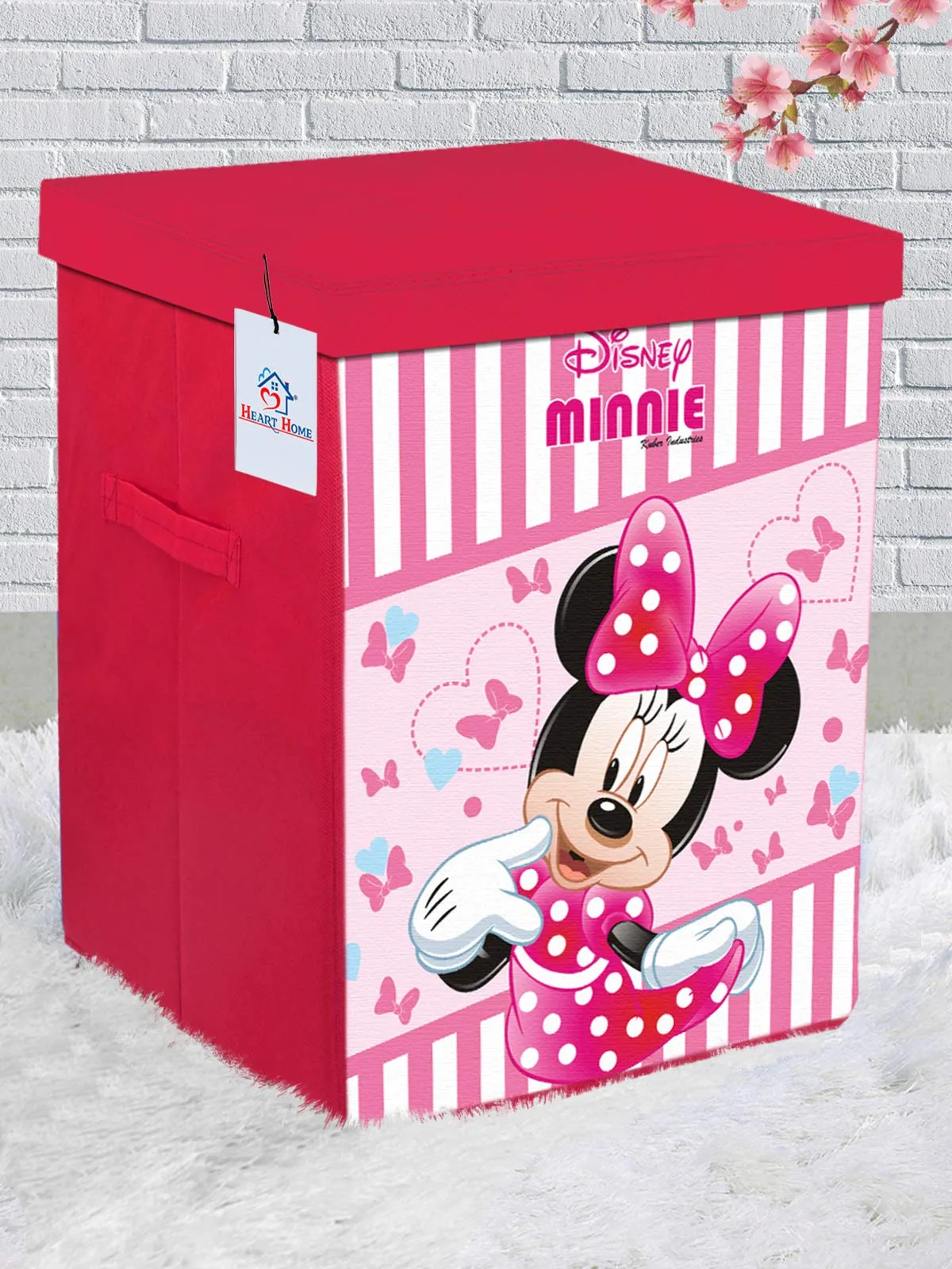 Heart Home Disney Minnie Print Non Woven Fabric Foldable Laundry Basket, Toy Storage Basket, Cloth Storage Basket with Lid & Handles (Pink)-HEART10402