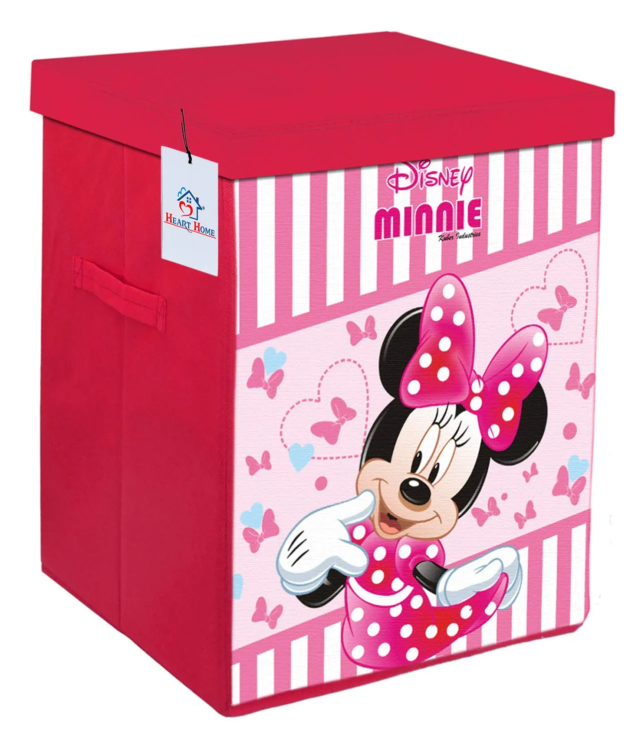 Heart Home Disney Minnie Print Non Woven Fabric Foldable Laundry Basket, Toy Storage Basket, Cloth Storage Basket with Lid & Handles (Pink)-HEART10402