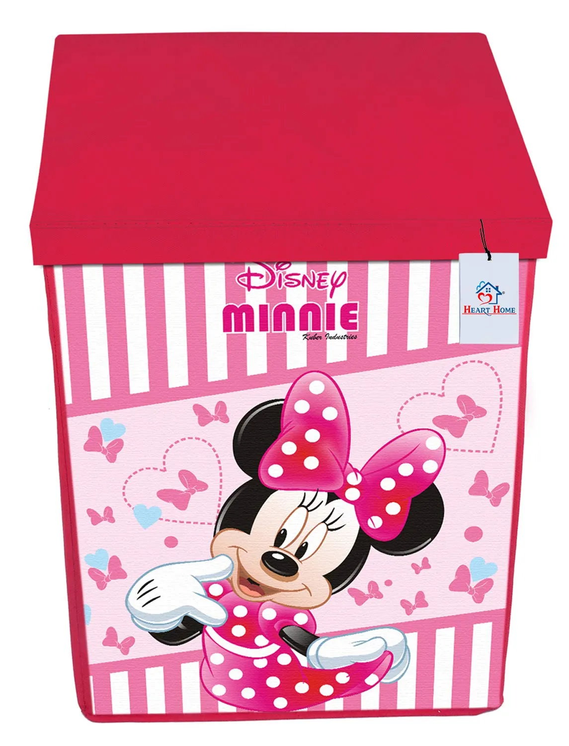 Heart Home Disney Minnie Print Non Woven Fabric Foldable Laundry Basket, Toy Storage Basket, Cloth Storage Basket with Lid & Handles (Pink)-HEART10402