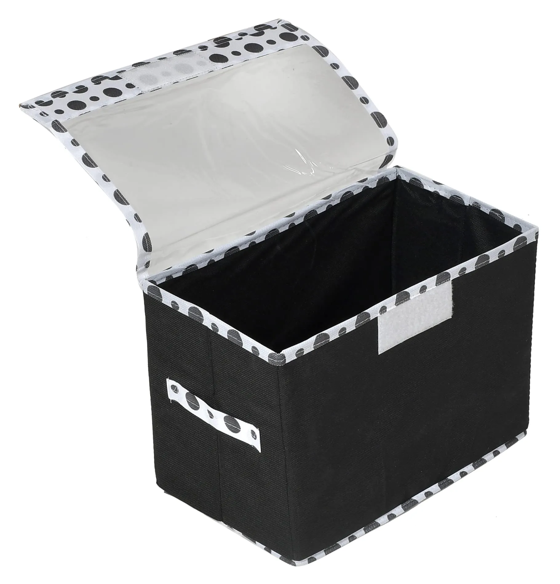 Heart Home Dot Printed Multiuses Medium Non-Woven Storage Box/Organizer With Tranasparent Lid (Black) -44HH0415