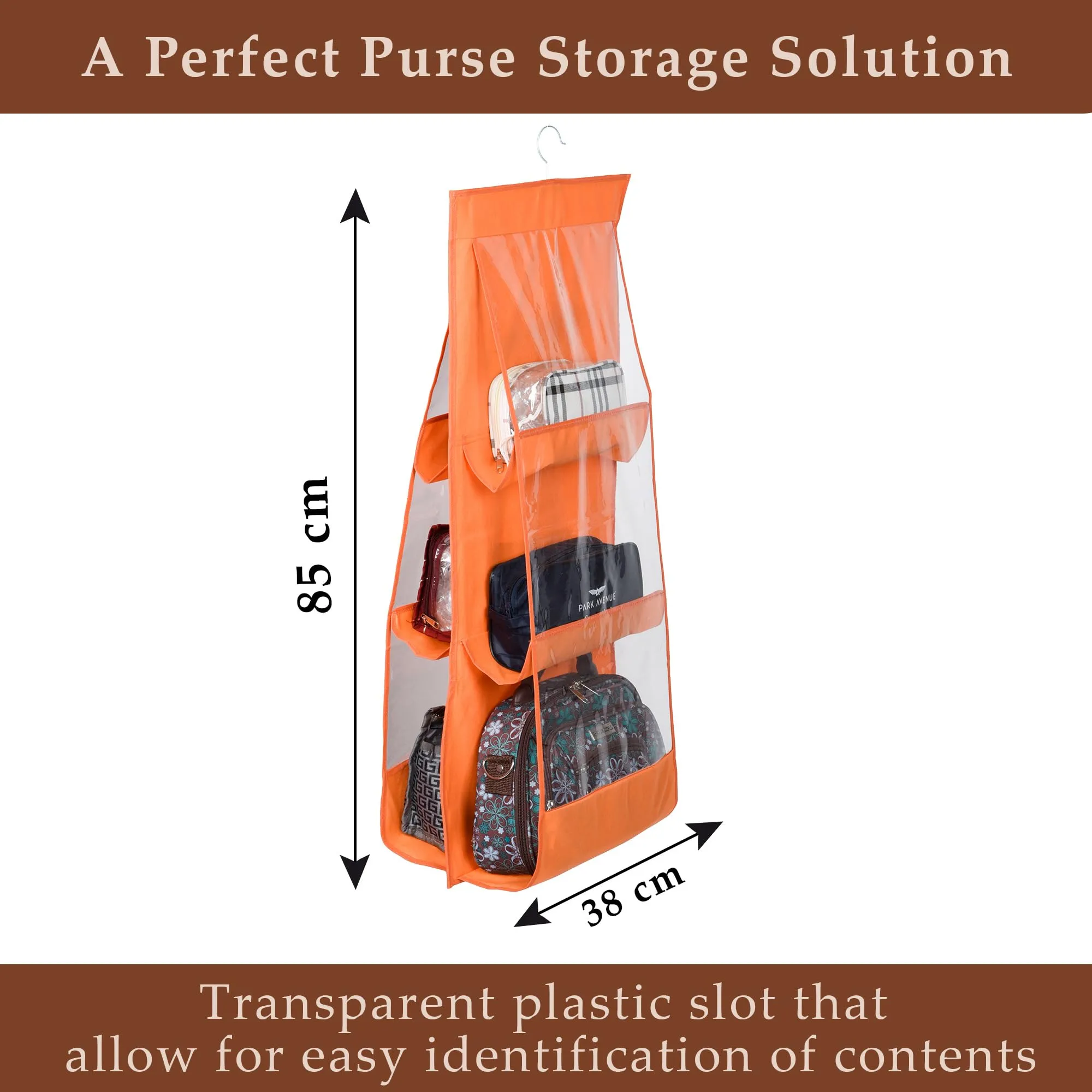 Heart Home Hanging Organizer | Handbag Organizer | Hanging Purse for Wardrobe | Transparent Clutch Organizer | Handbag Storage For Closet | 6 Pocket Storage Hanger | Orange