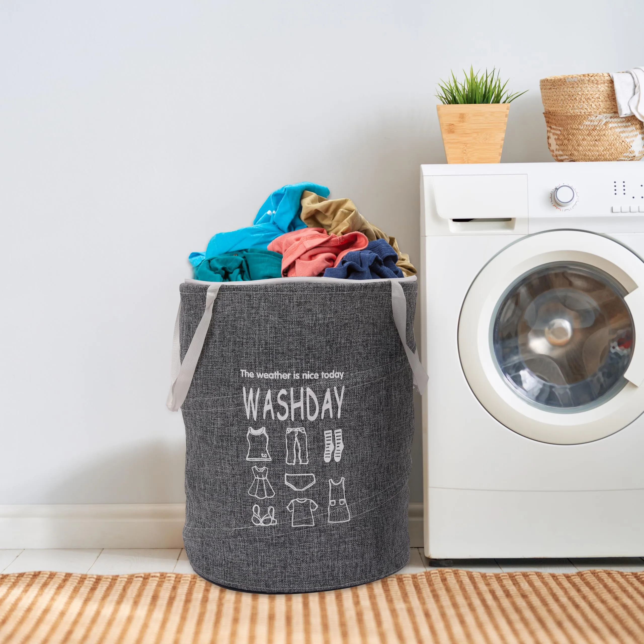 Heart Home Laundry Basket | Round Foldable Laundry Basket | Jute Storage Bag with Button Handles | Clothes Basket for Home | Toy Storage Basket | 45 LTR | Pack of 2 | Gray