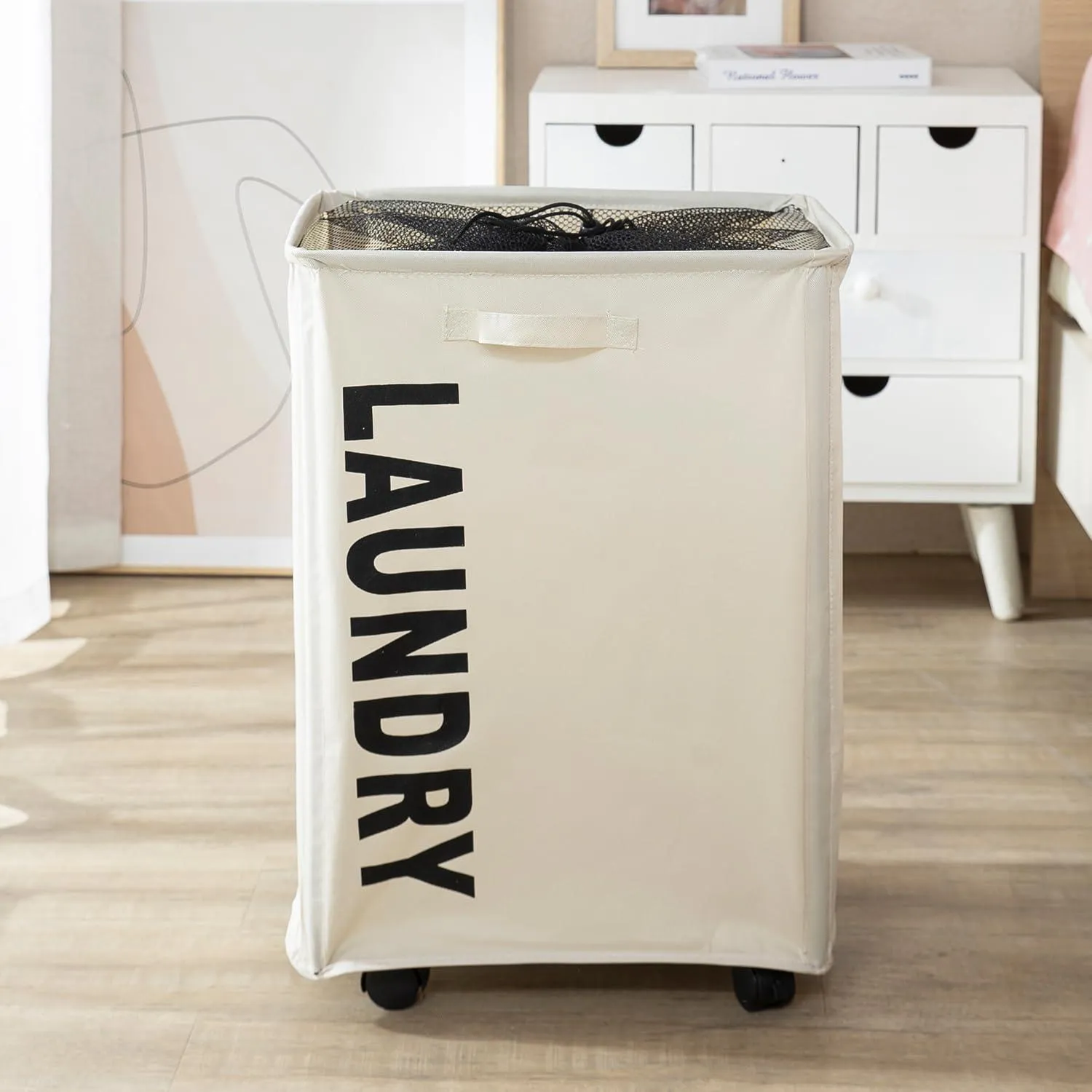 HOKIPO Foldable Laundry Hamper with Wheels, Cream