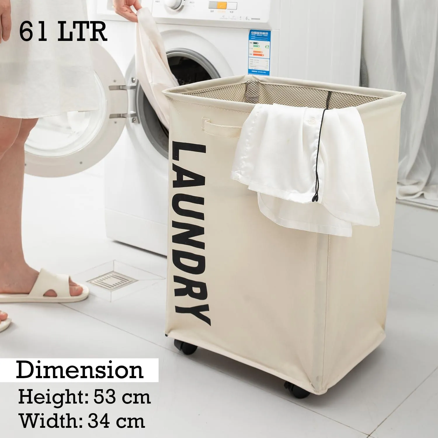 HOKIPO Foldable Laundry Hamper with Wheels, Cream