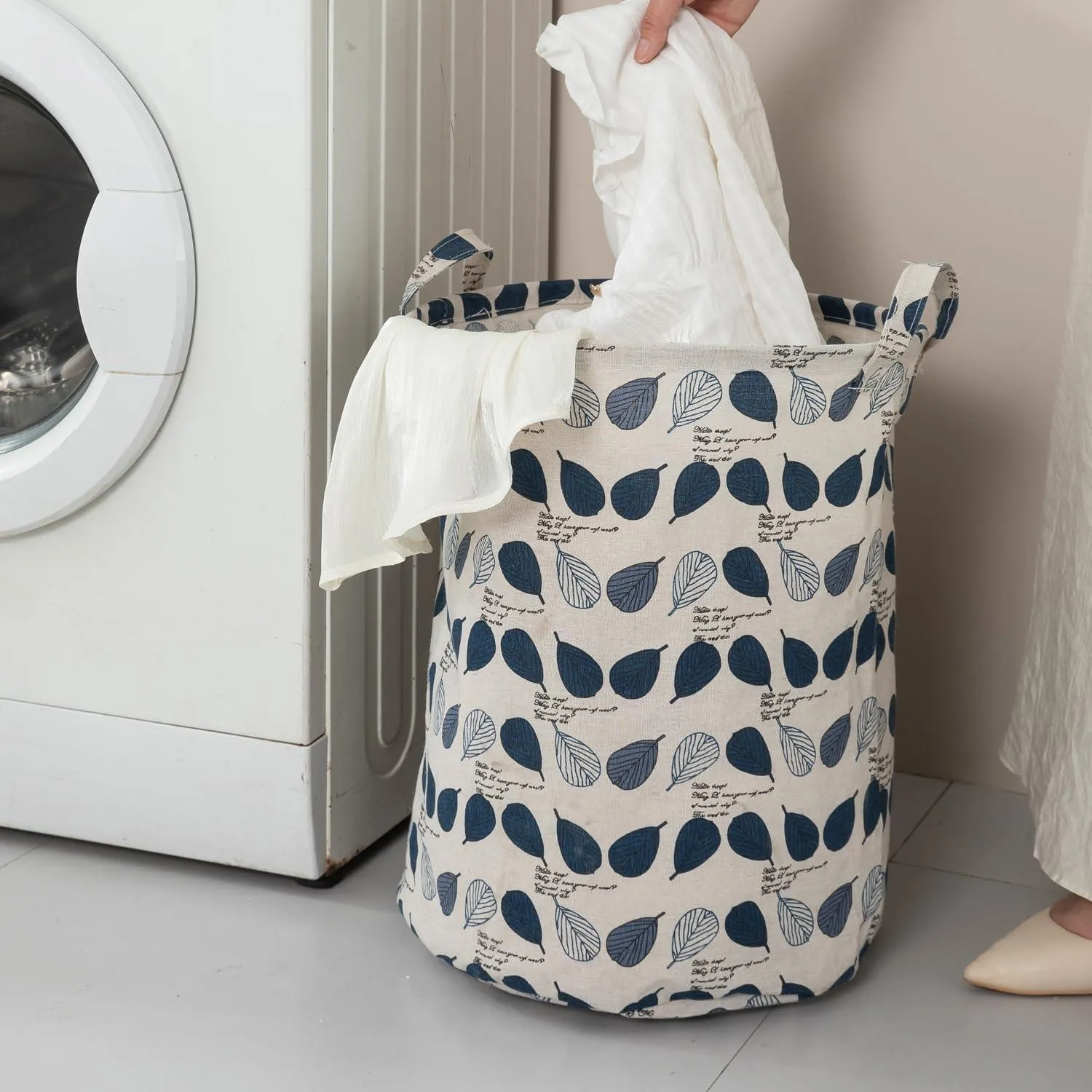 HOKIPO Folding Laundry Basket for Clothes, Round Collapsible Storage Basket, 42-Ltr - Leaves