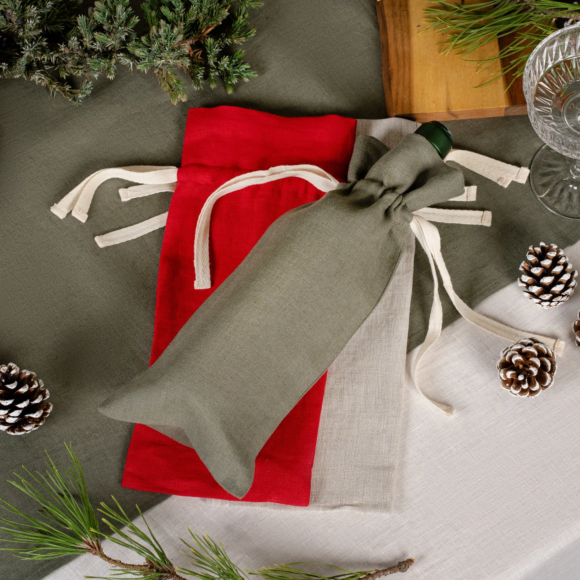 Holiday 100% Linen Wine Gift Bag