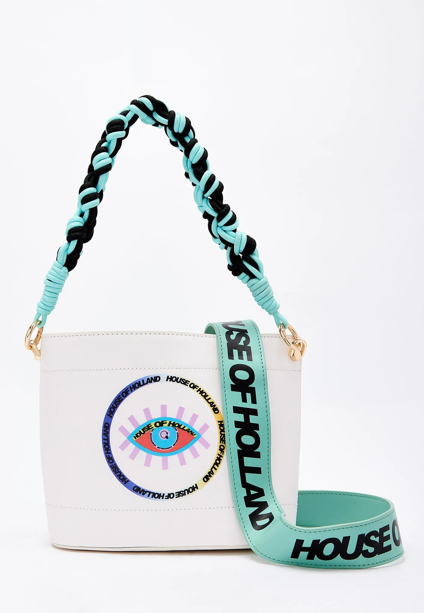 House Of Holland White Crossbody Bag with Printed Logo and Plait Handle