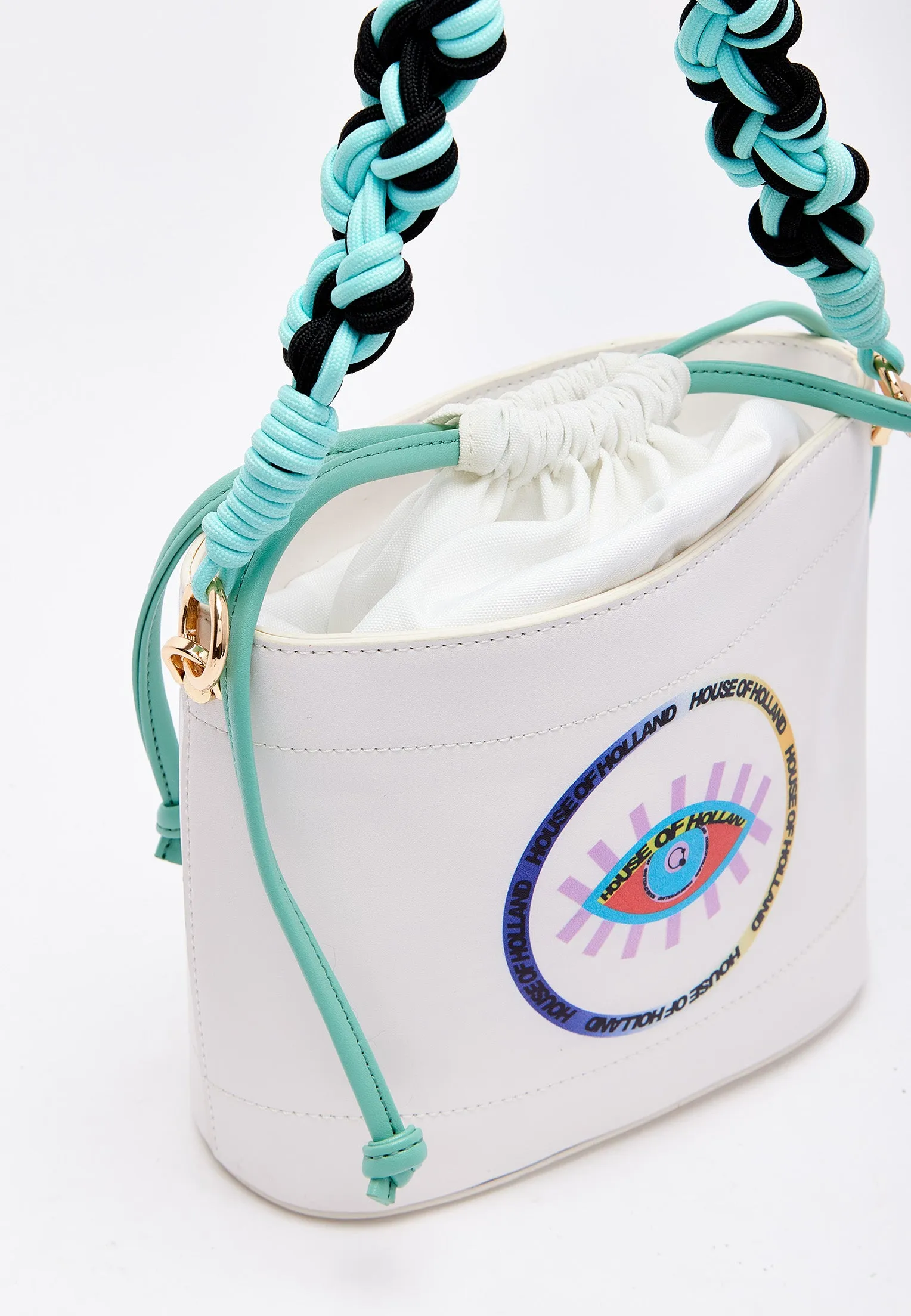 House Of Holland White Crossbody Bag with Printed Logo and Plait Handle