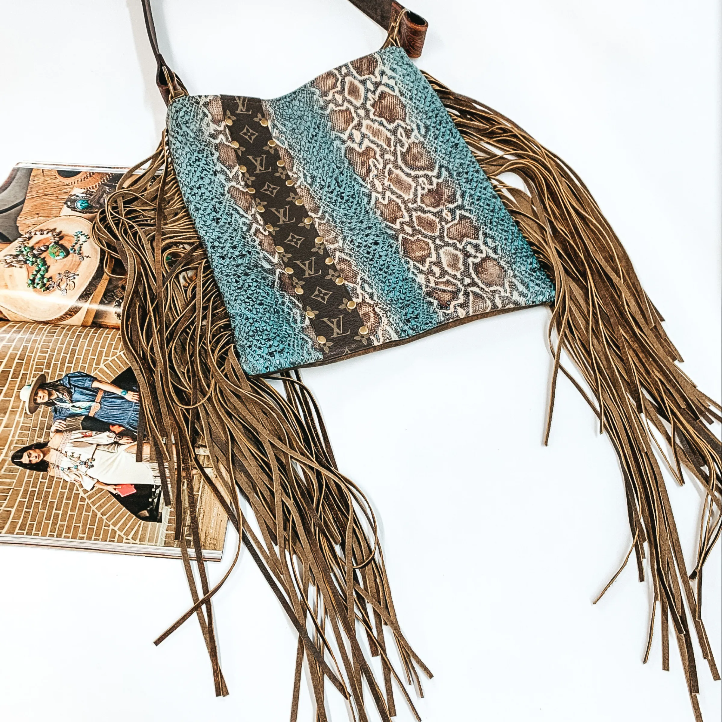 Keep It Gypsy | Hazel Bag in Turquoise Snake Print with Leather Fringe and Tooled Purse Strap