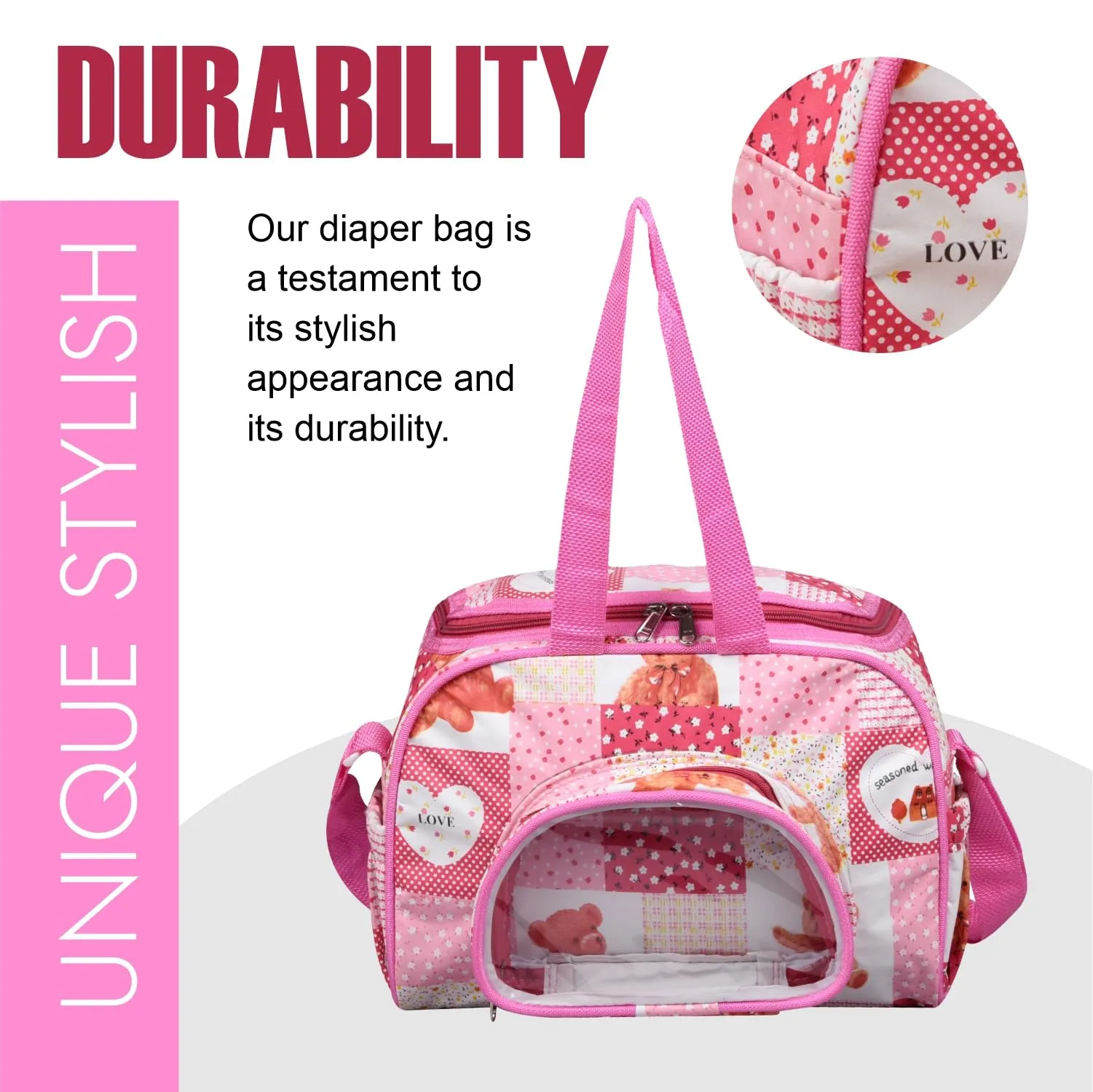 Kuber Industries Baby Diaper Bag | Maternity Diaper Changing Bag | Travel Diaper Bag | Diaper Bag for Mothers | Transparent D Pocket Baby Bag | Teddy Bear Diaper Bag with Straps | Pink