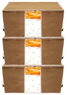 Kuber Industries Foldable Non Woven Clothes Storage Bag Wardrobe Organizer Underbed Bag With Tranasparent Window- Pack of 3 (Brown)-HS43KUBMART26715