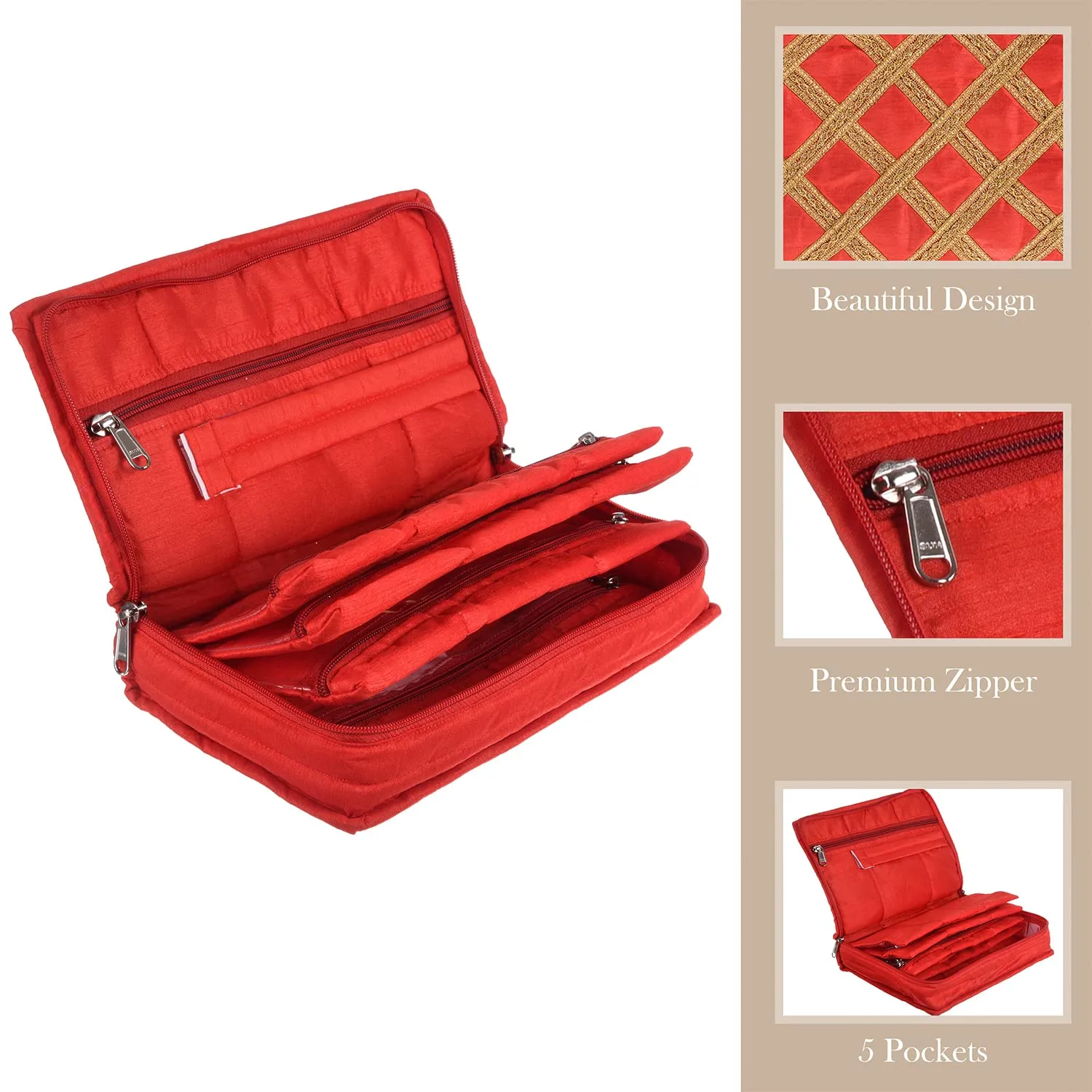 Kuber Industries Jewellery Organizer | Polyester Gota Lace Check Design Vanity Organizer | 4 Transparent Pouch & 1 Compartment Cosmatic Kit | Pack of 2 | Red