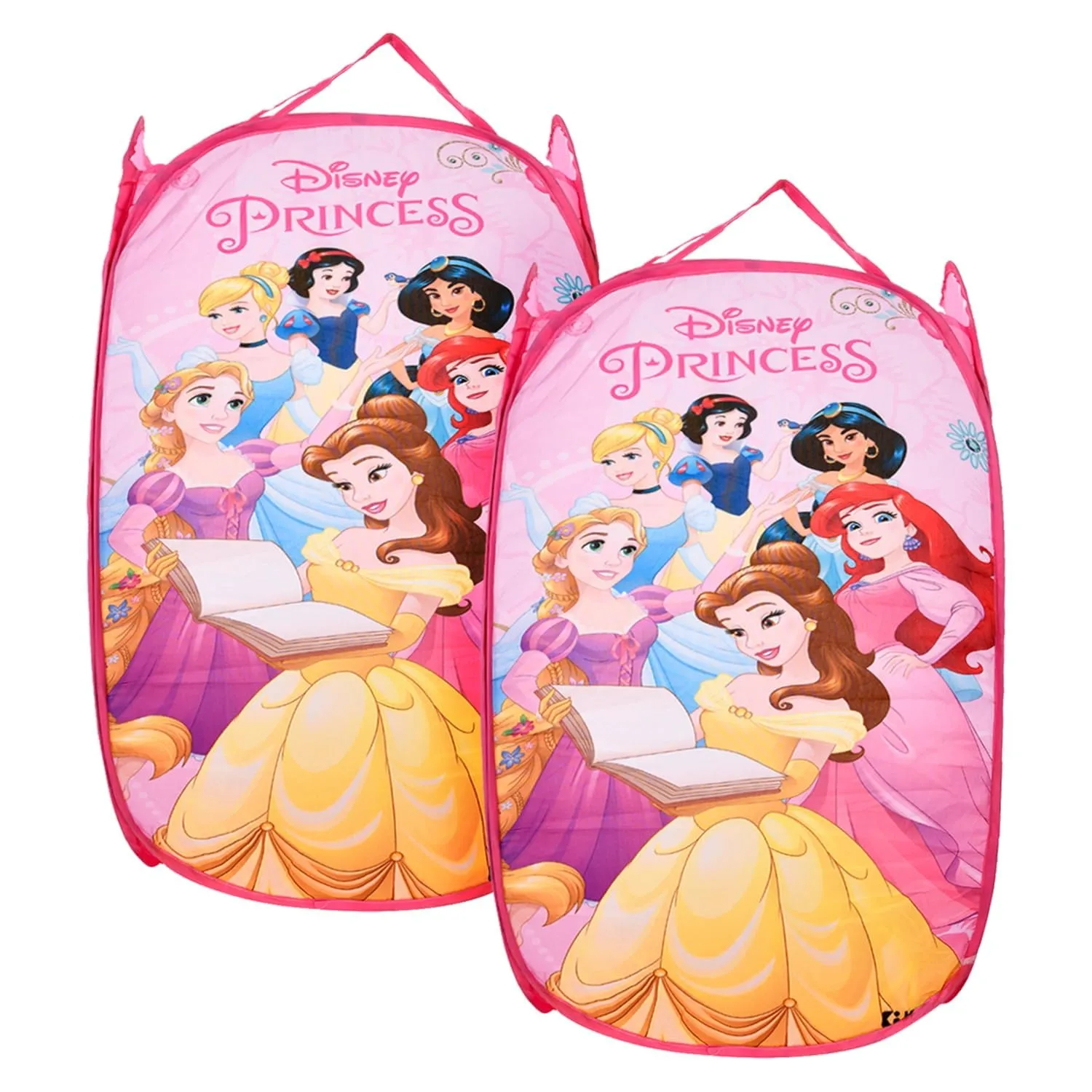 Kuber Industries Laundry Basket | Disney Princess Net Foldable Laundry | Nylon Storage Basket with Handle | Basket for Toy Storage | 30 LTR | Pack of 2 | Pink