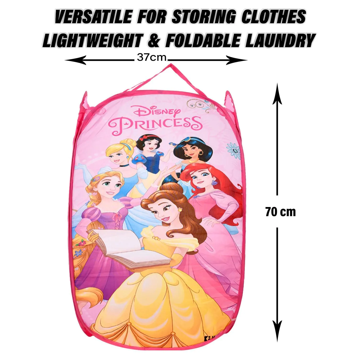 Kuber Industries Laundry Basket | Disney Princess Net Foldable Laundry | Nylon Storage Basket with Handle | Basket for Toy Storage | 30 LTR | Pack of 2 | Pink