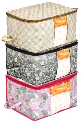 Kuber Industries Metalic Print Foldable Clothes Storage Bag Wardrobe Organizer Non Woven Fabric (Set of 3,Ivory & Black & Pink)-KUBMART16636