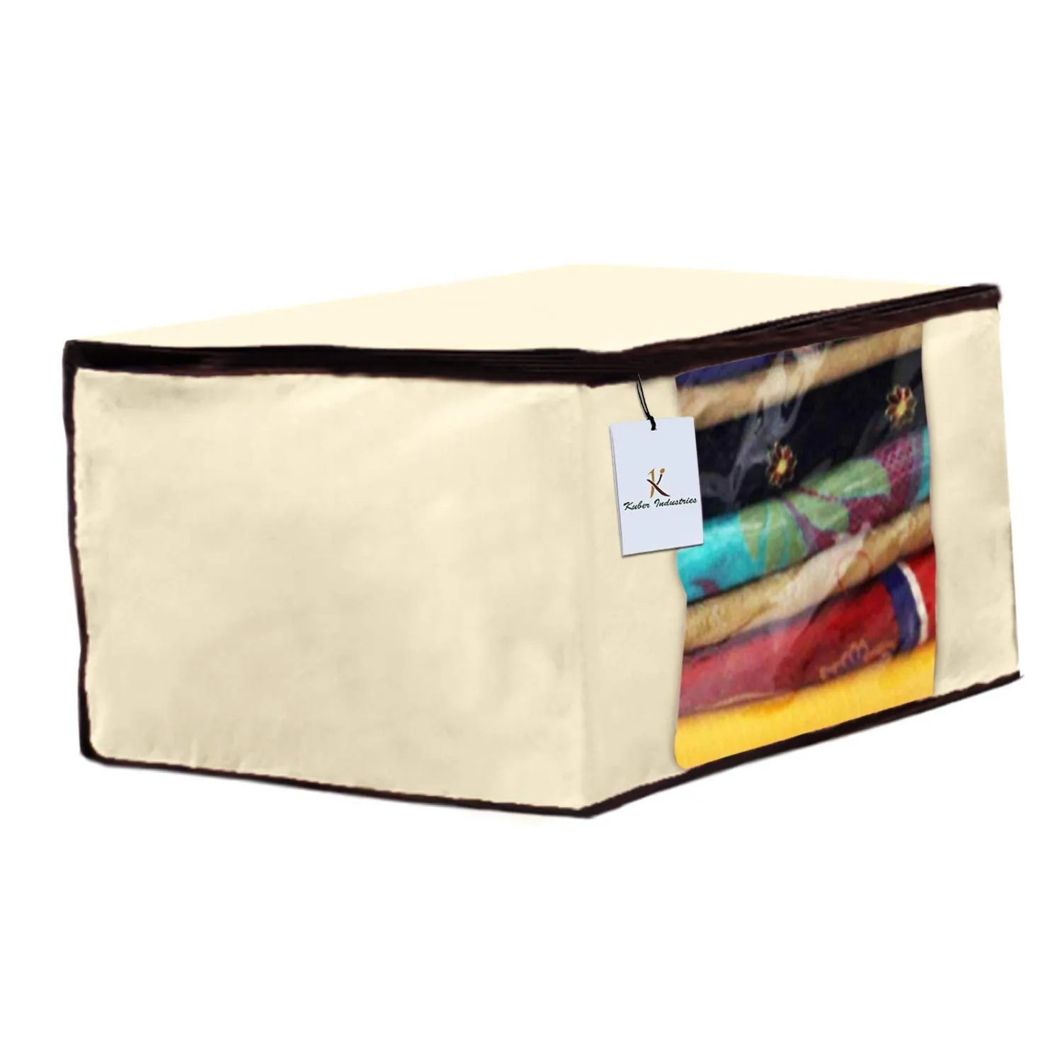 Kuber Industries Non Woven 2 Pieces Saree Cover and 2 Pieces Underbed Storage Bag, Cloth Organizer for Storage, Blanket Cover Combo Set (Ivory) -CTKTC038511