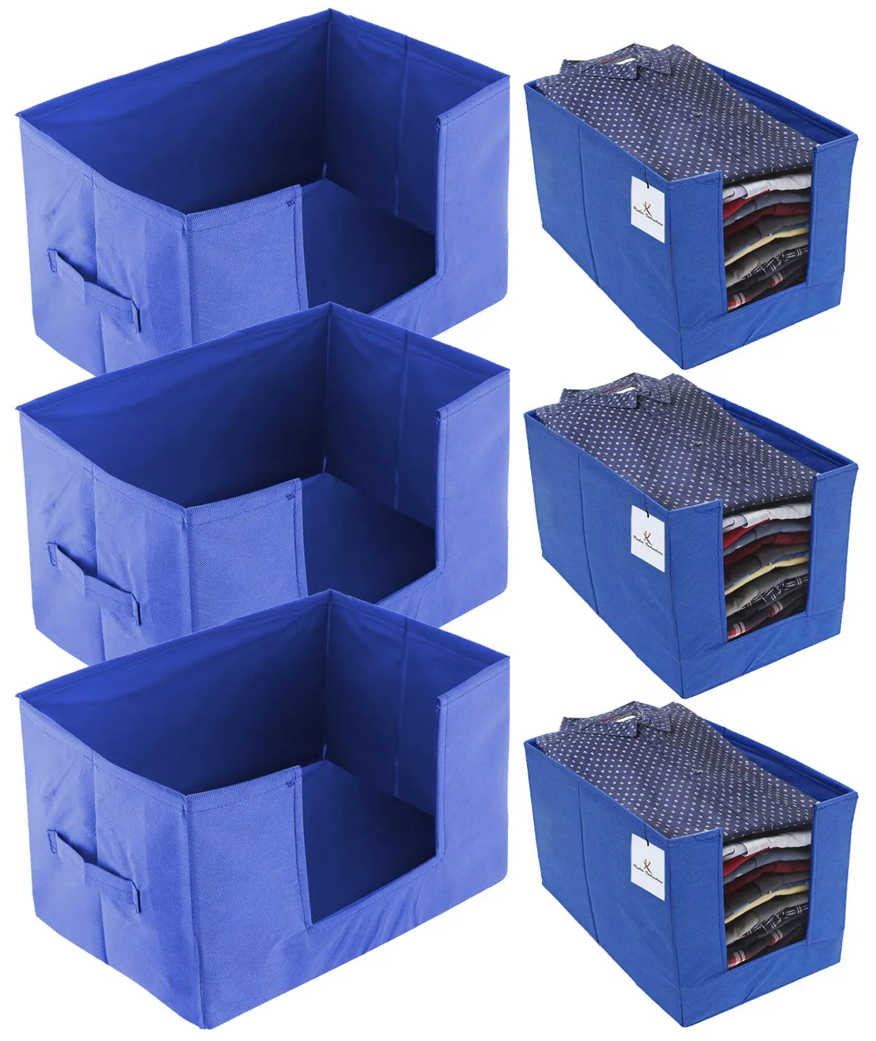 Kuber Industries Non Woven 3 Piece Shirt Stacker and 3 Piece Foldable Rectangle Cloth Saree Stacker Cloth Wardrobe Organizer Wardrobe Organizer (Royal Blue) -CTKTC038292