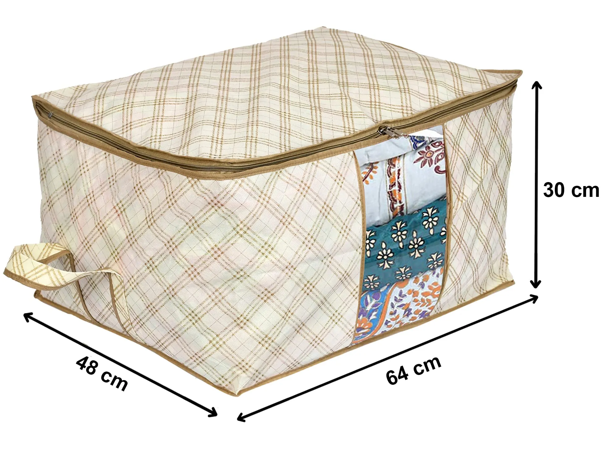 Kuber Industries Tartan Design Non-woven Foldable Underbed/Storage Bag/Wardrobe Organizer With Transparent Window- Pack of 6 (Beige)-44KM0495