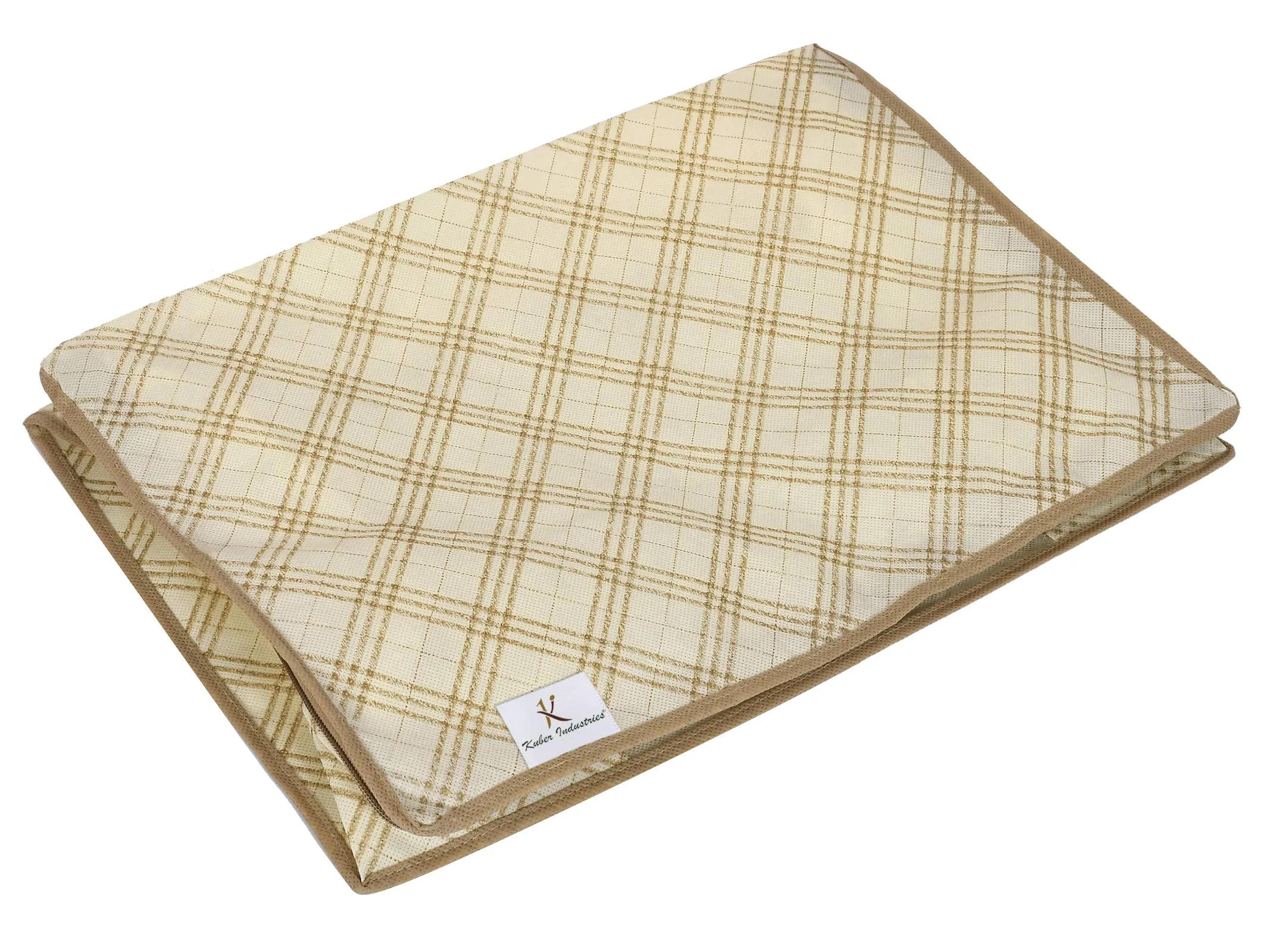 Kuber Industries Tartan Design Non-woven Foldable Underbed/Storage Bag/Wardrobe Organizer With Transparent Window- Pack of 6 (Beige)-44KM0495