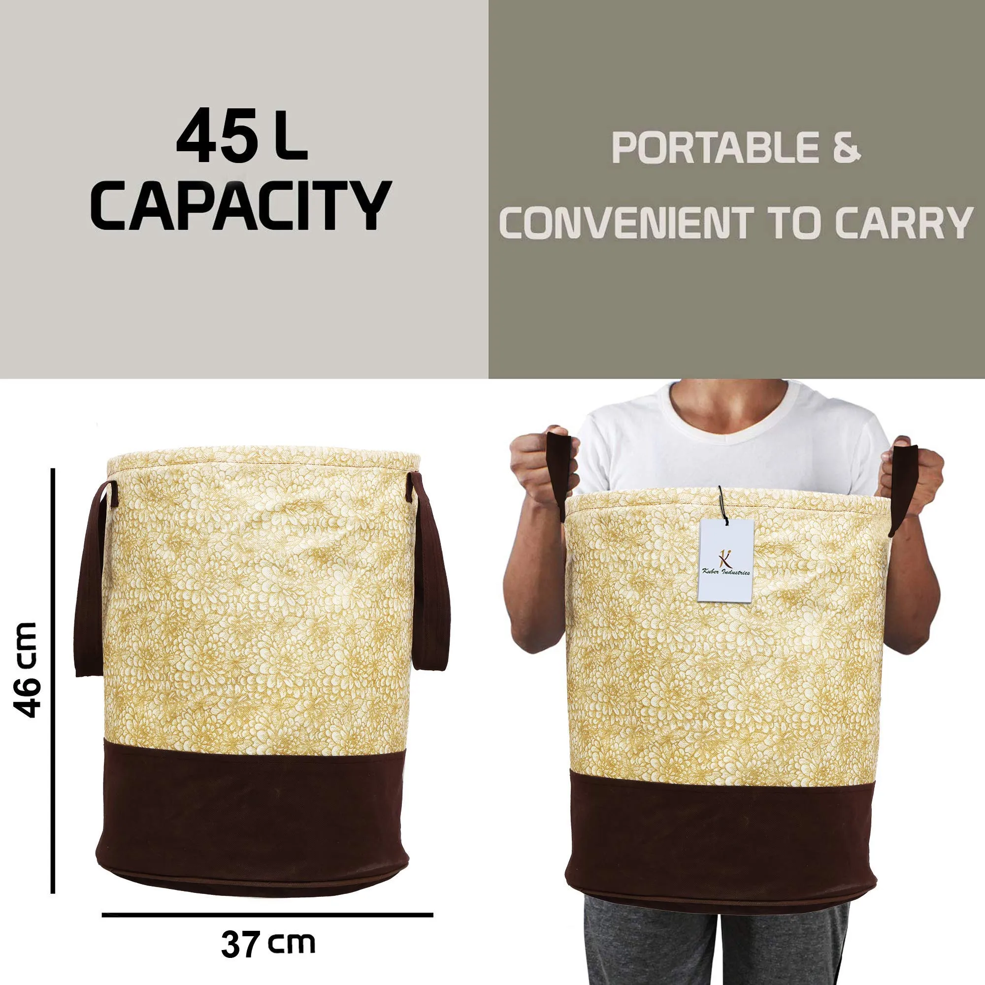 Kuber Industries Waterproof Round Laundry Bag/Hamper|Metalic Printed With Handles|Foldable Bin & 45 Liter Capicity|Size 37 x 37 x 49, Pack of 2 (Brown) CTKTC034619