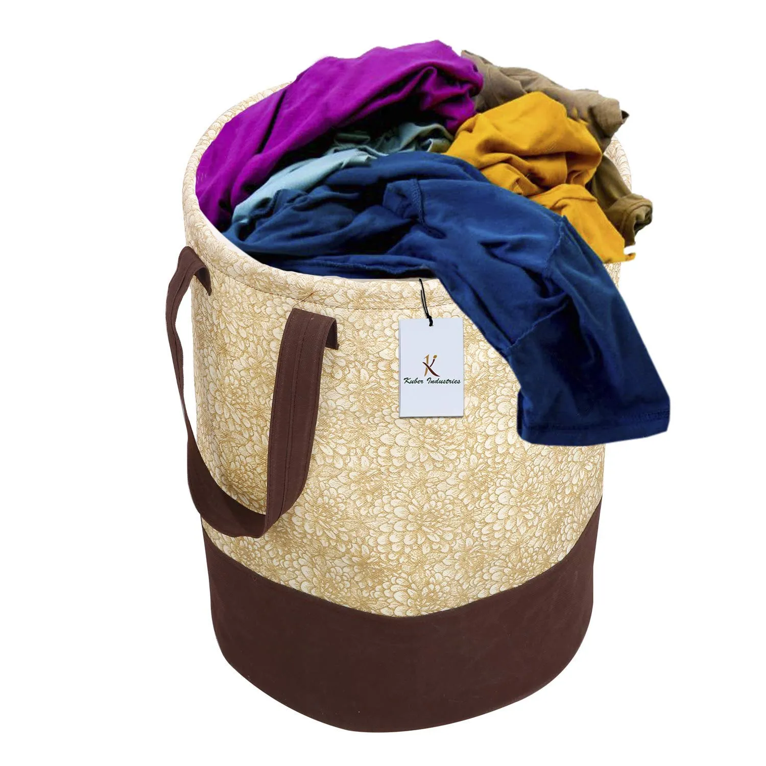 Kuber Industries Waterproof Round Laundry Bag/Hamper|Metalic Printed With Handles|Foldable Bin & 45 Liter Capicity|Size 37 x 37 x 49, Pack of 2 (Brown) CTKTC034619