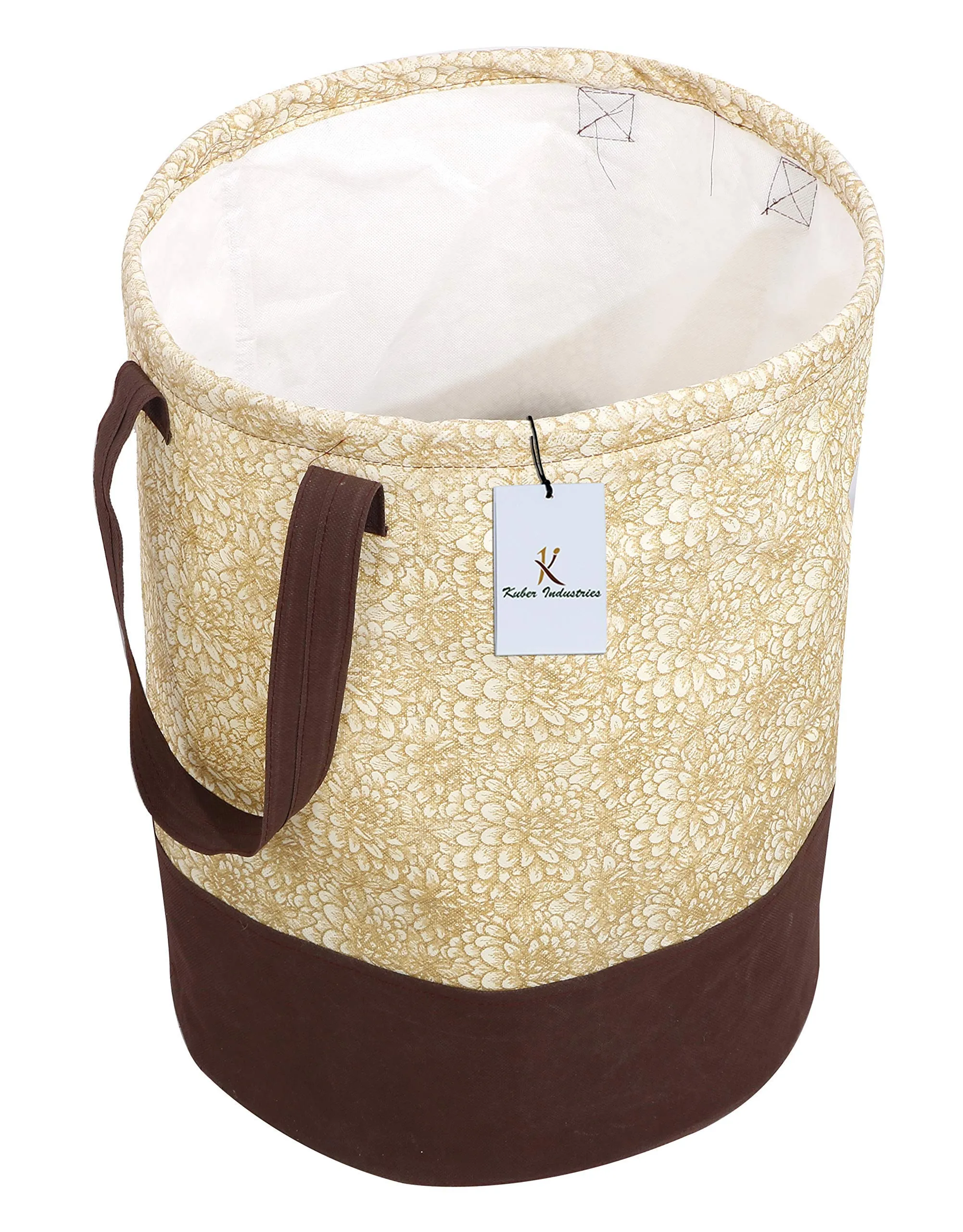 Kuber Industries Waterproof Round Laundry Bag/Hamper|Metalic Printed With Handles|Foldable Bin & 45 Liter Capicity|Size 37 x 37 x 49, Pack of 2 (Brown) CTKTC034619