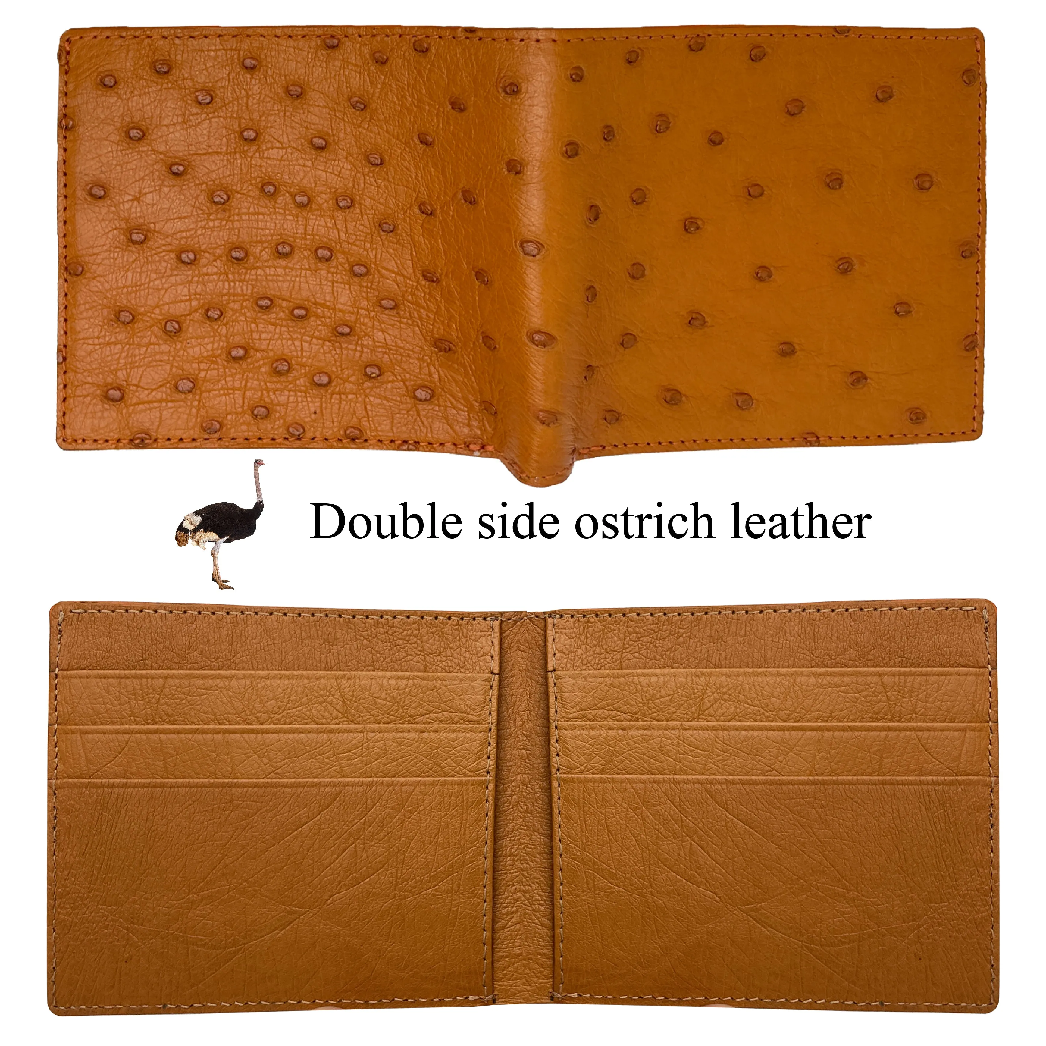 Light Brown Handmade Double Side Ostrich Leather Bifold Wallet for Men | VINAMOS-02