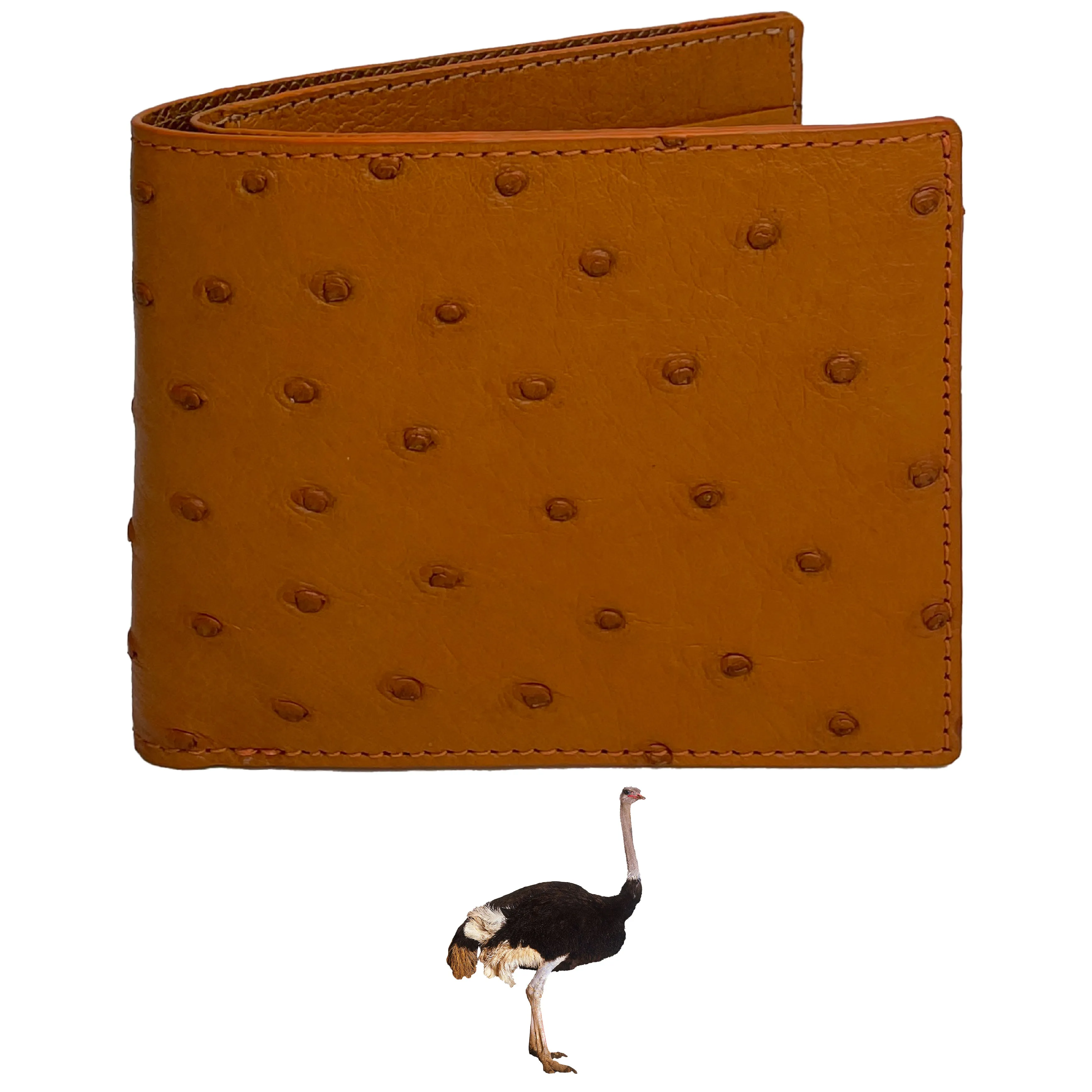 Light Brown Handmade Double Side Ostrich Leather Bifold Wallet for Men | VINAMOS-02