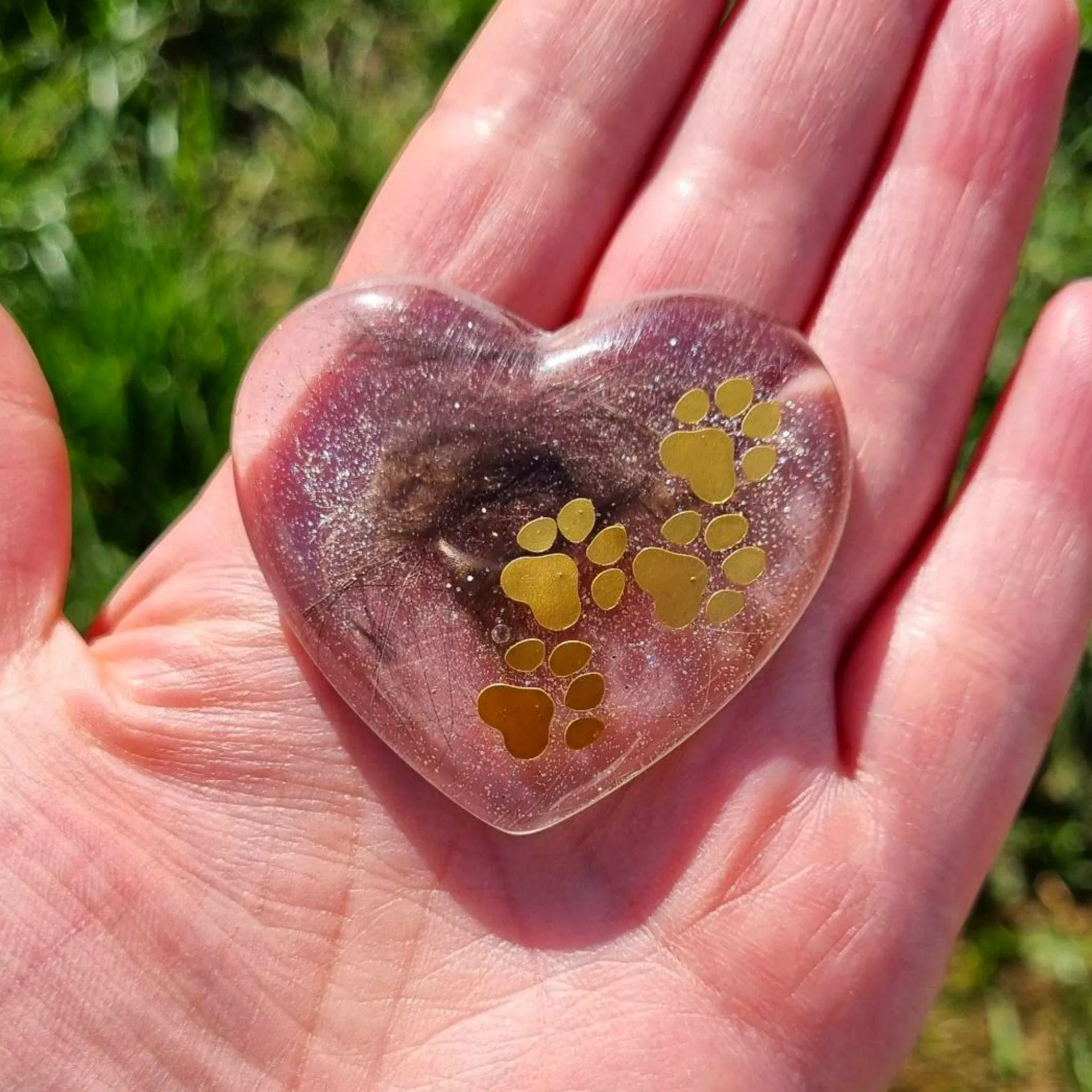 Lock of fur paw print palm stone memorial heart, Eco friendly resin