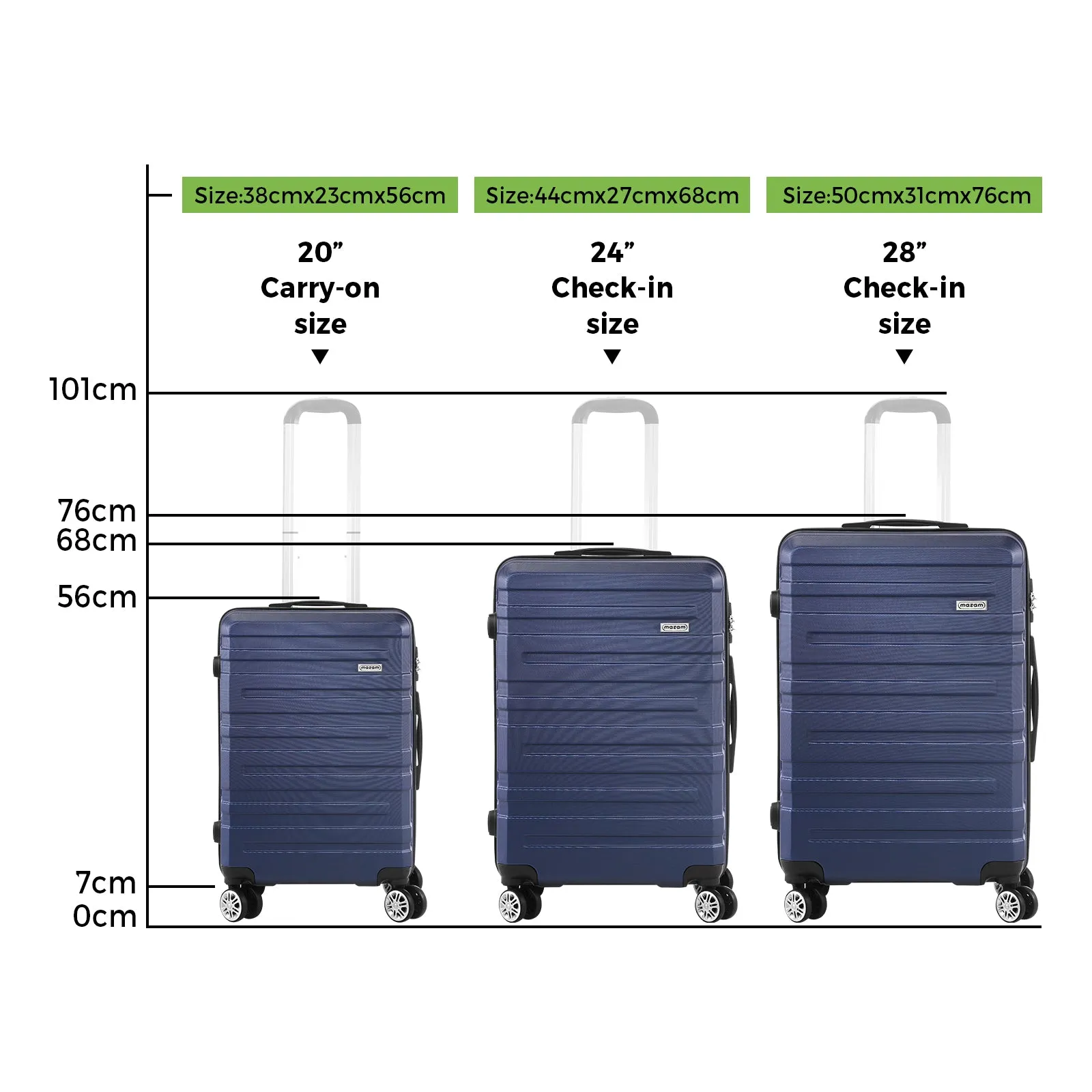 Mazam 3PCS Luggage Suitcase Trolley Set Travel TSA Lock Storage Hard Case Navy