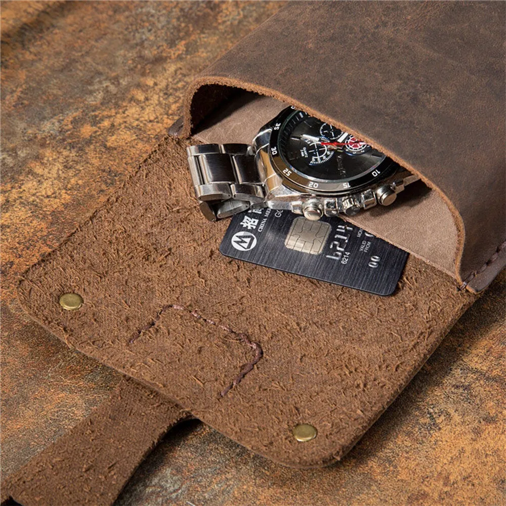 Men Genuine Leather Vintage 5.5 Inch Phone Bag Outdoor Cowhide Waist With Olecranon Buckle