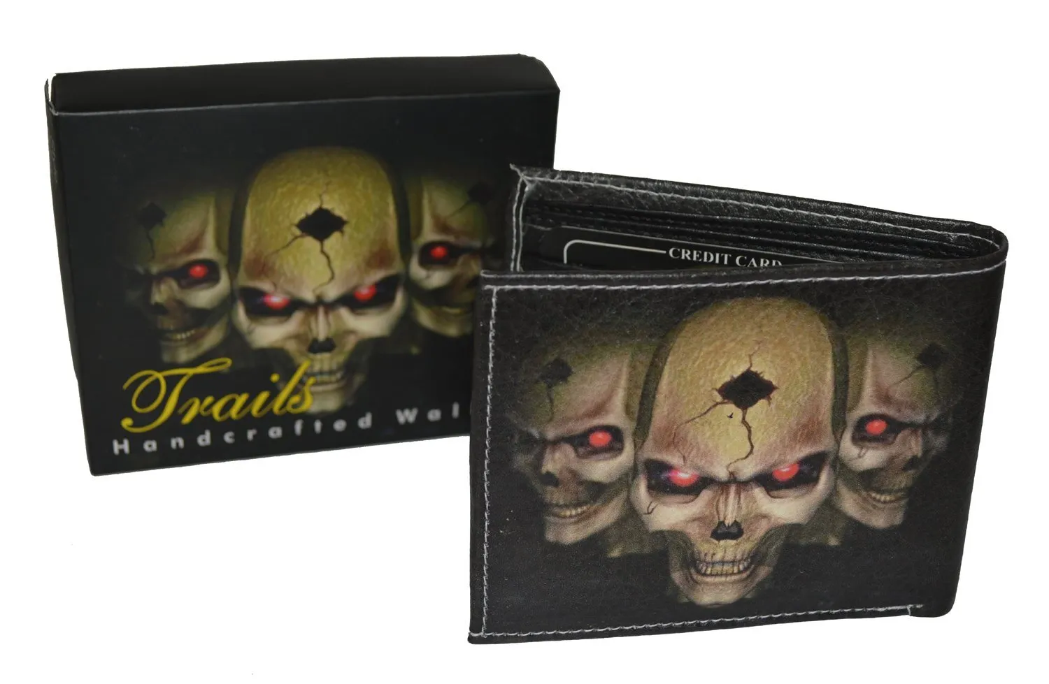 Mens Bifold Exotic Wallet Picture 3 Skulls with printed gift box 1246-3SKULLS