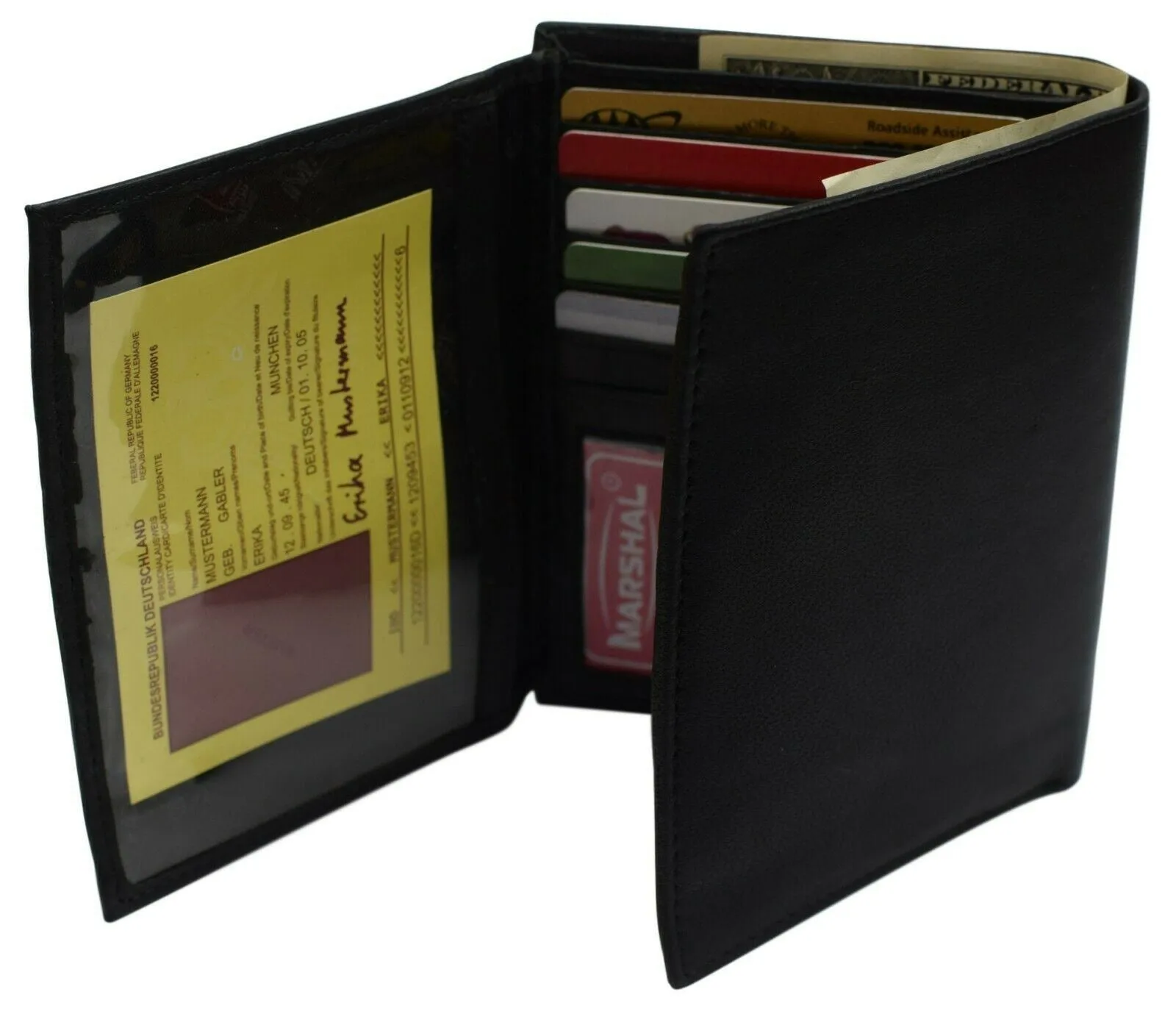 Mens European Cowhide Leather Trifold Mens Wallet 2 ID-20 Card Slots Black