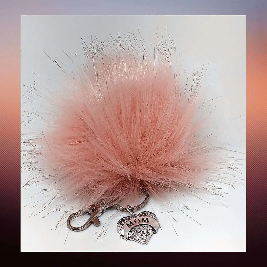 Mom Keychain/Faux Fur Pom Pom Charm Key Chain-Purse Charm/Journal Charm