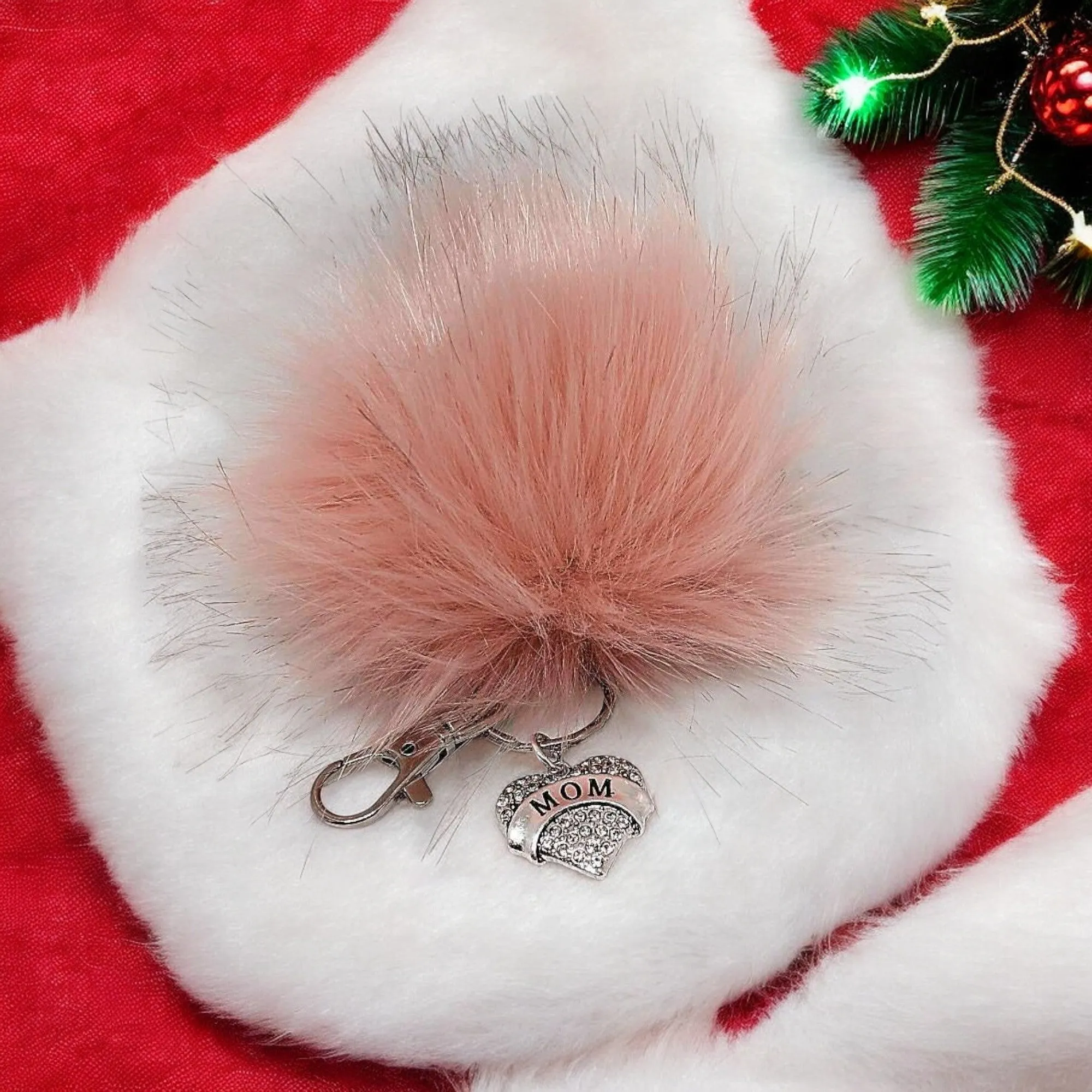 Mom Keychain/Faux Fur Pom Pom Charm Key Chain-Purse Charm/Journal Charm