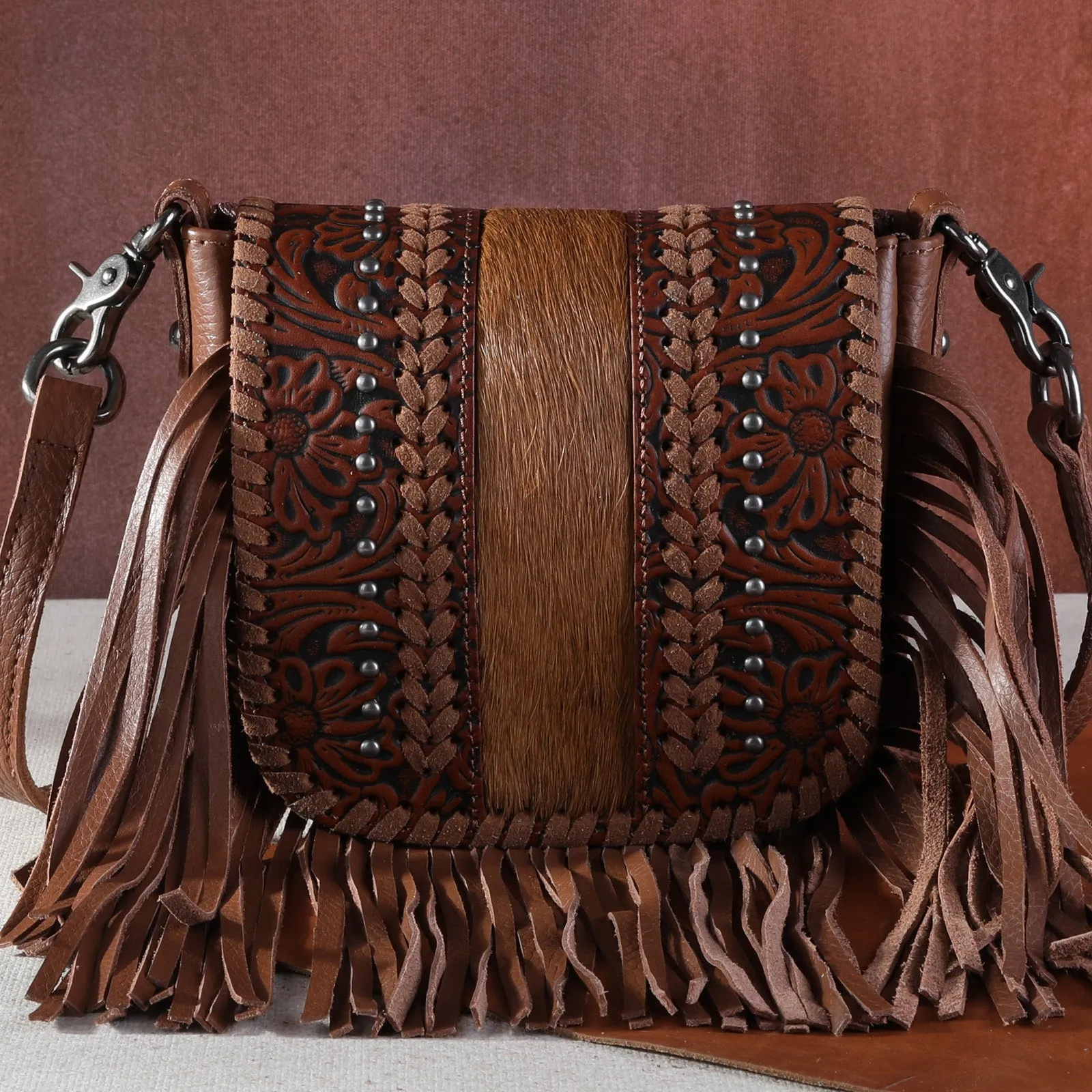 Montana West Genuine Leather Tooled Fringe Crossbody