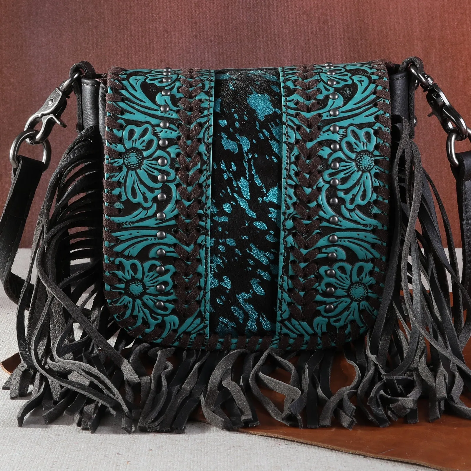 Montana West Genuine Leather Tooled Fringe Crossbody