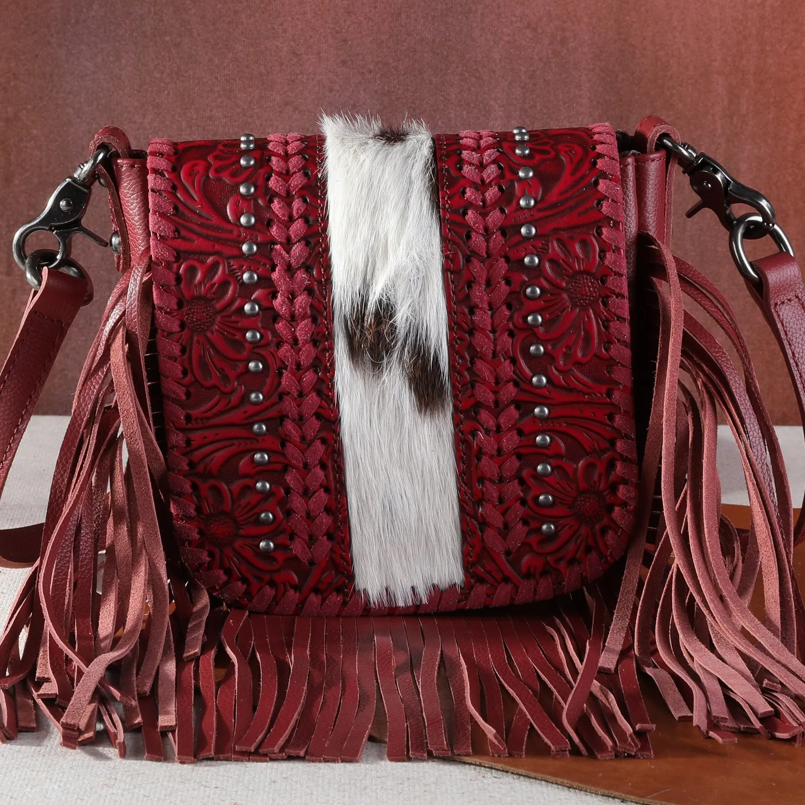 Montana West Genuine Leather Tooled Fringe Crossbody