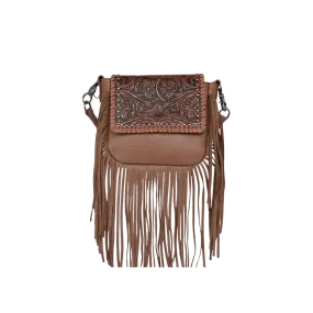 Montana West Women's Leather Tooled Fringe Brown Crossbody Bag