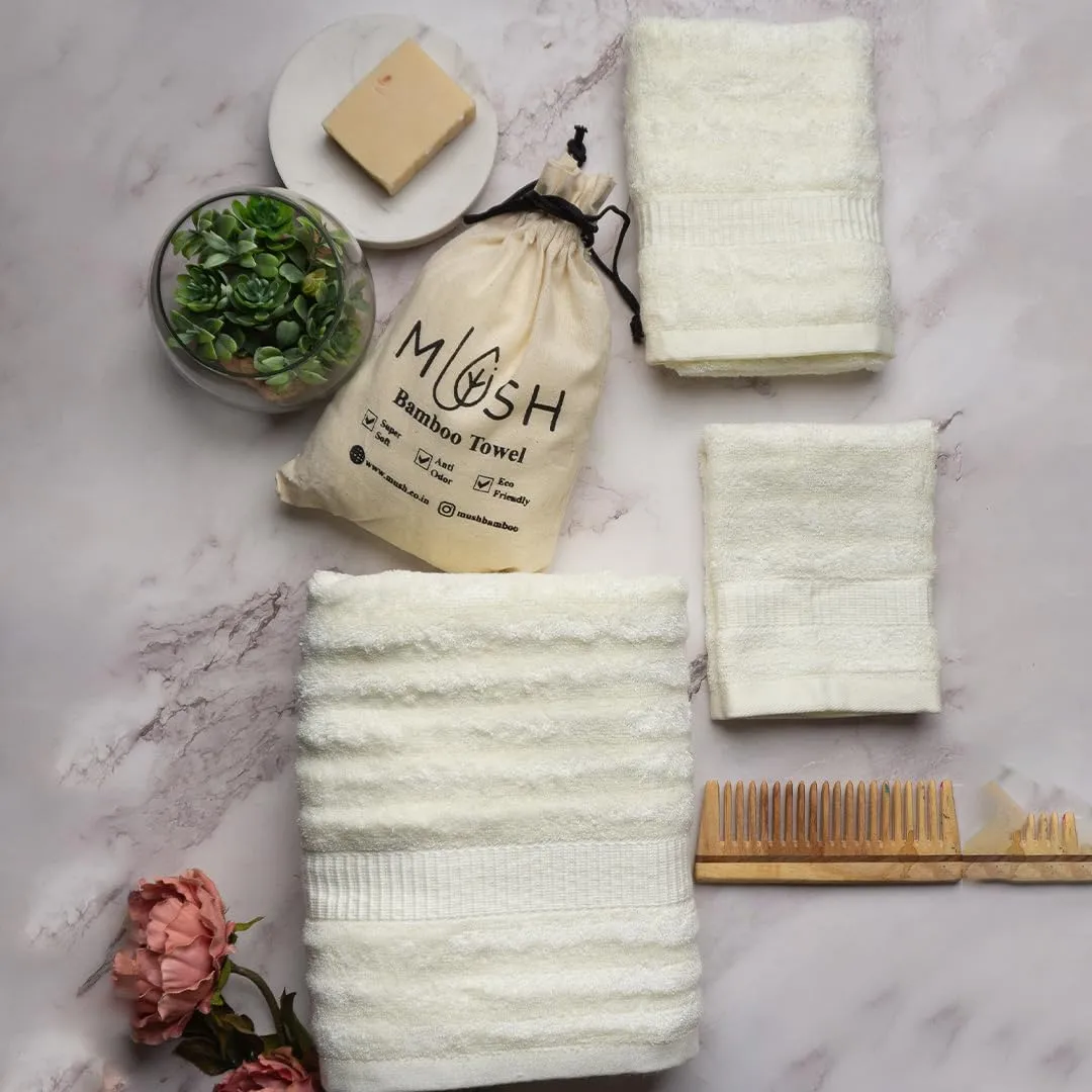 Mush Bamboo Towels Set | Ultra Soft, Absorbent and Antimicrobial 600 GSM (2 Bath Towel, 2 Hand Towel and 2 Face Towel) Perfect for Daily Use and Gifting (Cream & Green)