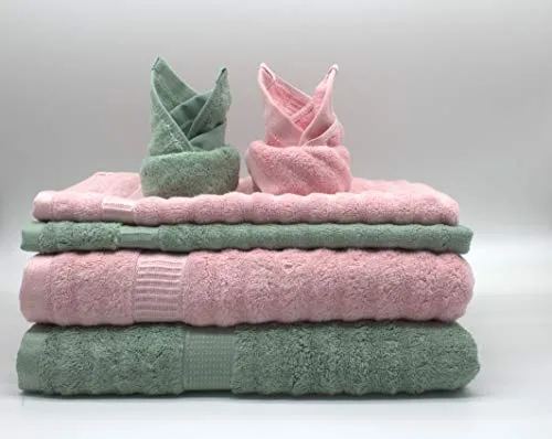 Mush Ultra Soft & Absorbent 600 GSM 6 Piece Bamboo Towel Couple Set (Green & Pink, 2)